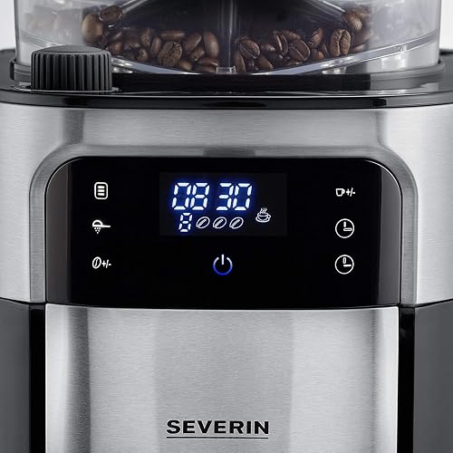 SEVERIN Cafetière avec broyeur intégré 1 000 W, Machine à café programmable avec minuteur, Cafetière filtre avec verseuse isotherme d'une contenance de 8 tasses, Noir/Inox, KA 4814 - 2