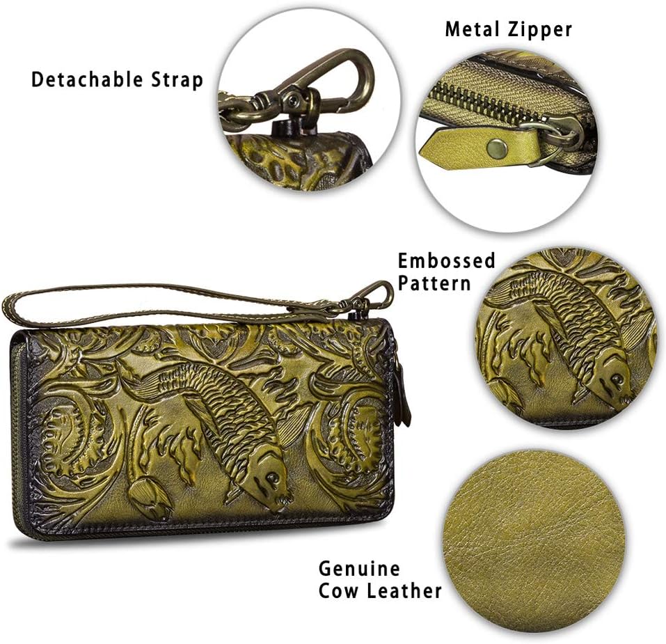 Genuine Leather Wallet Women's Zip Around Wristlet Long Purse Vintage Embossing Cowhide Capacity Handmade Clutch (Green)