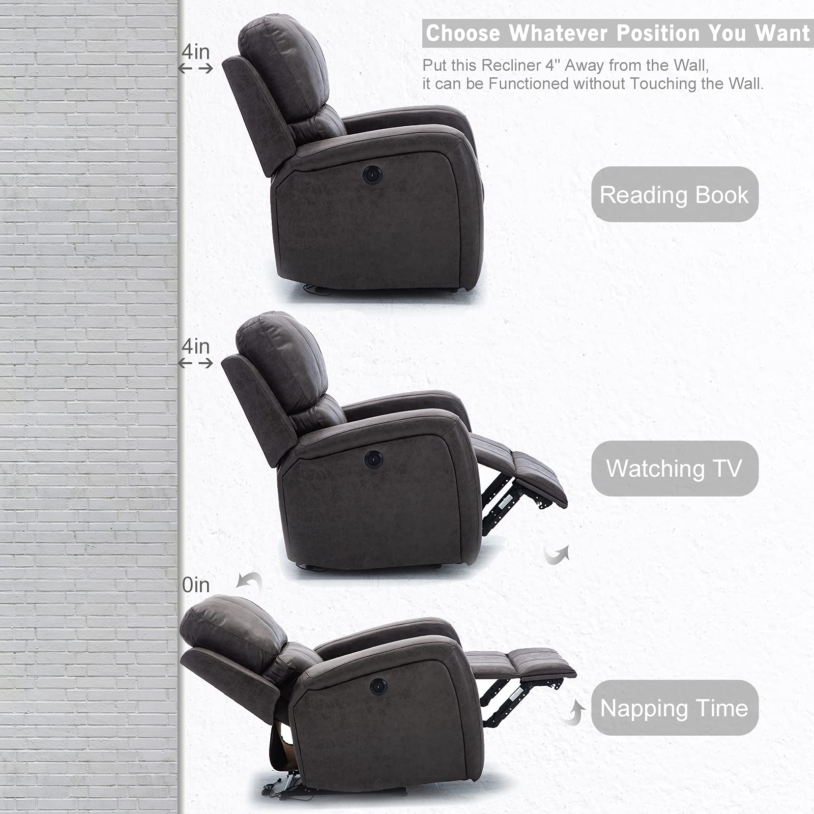 Bonzy Home Power Recliner Chair Air Suede Overstuffed Electric Faux