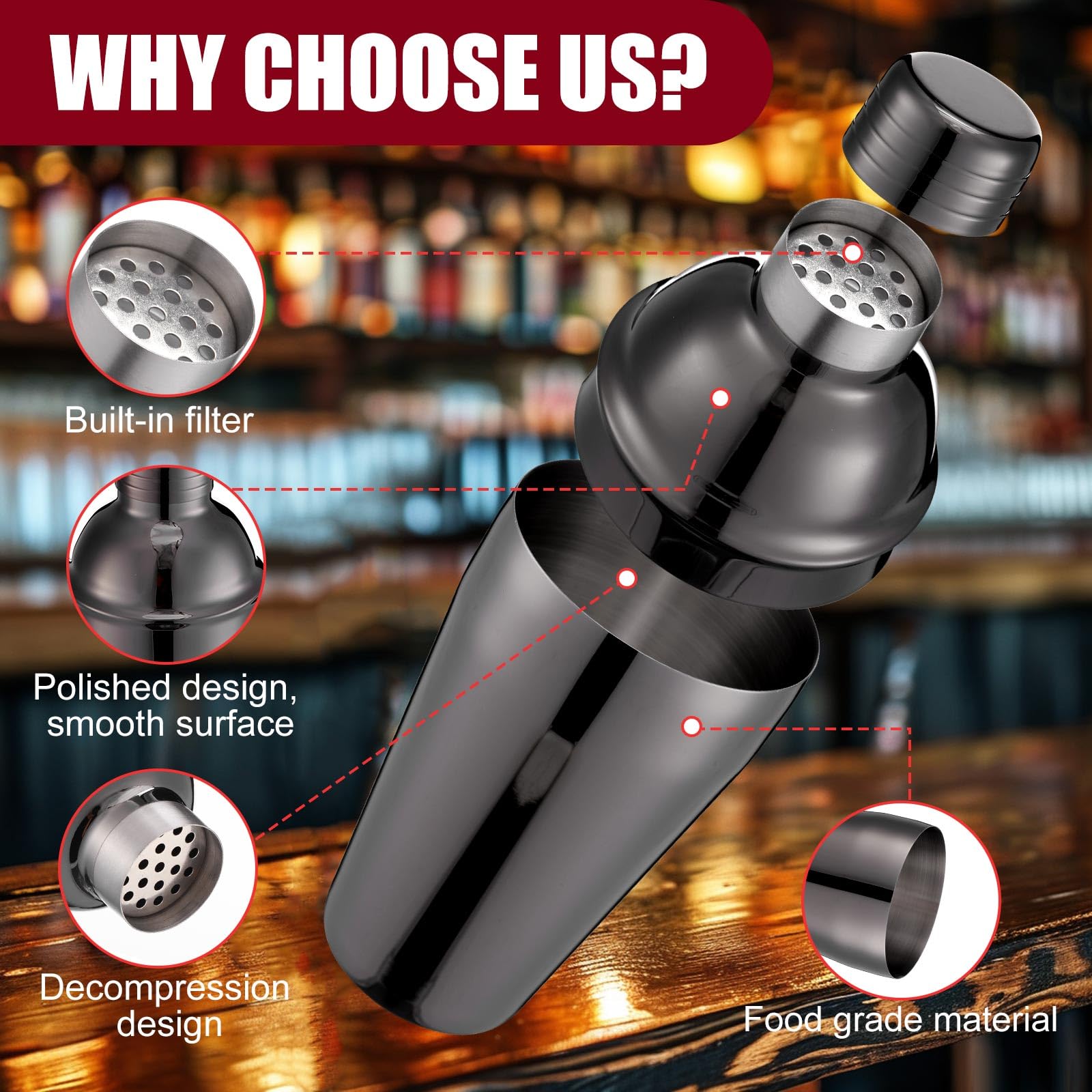 Nitial 6 shaker per cocktail da bar, professionale in acciaio inox, con filtro integrato, per barista, senza perdite, per bar e feste, strumento per mescolare bevande (530 ml, nero)