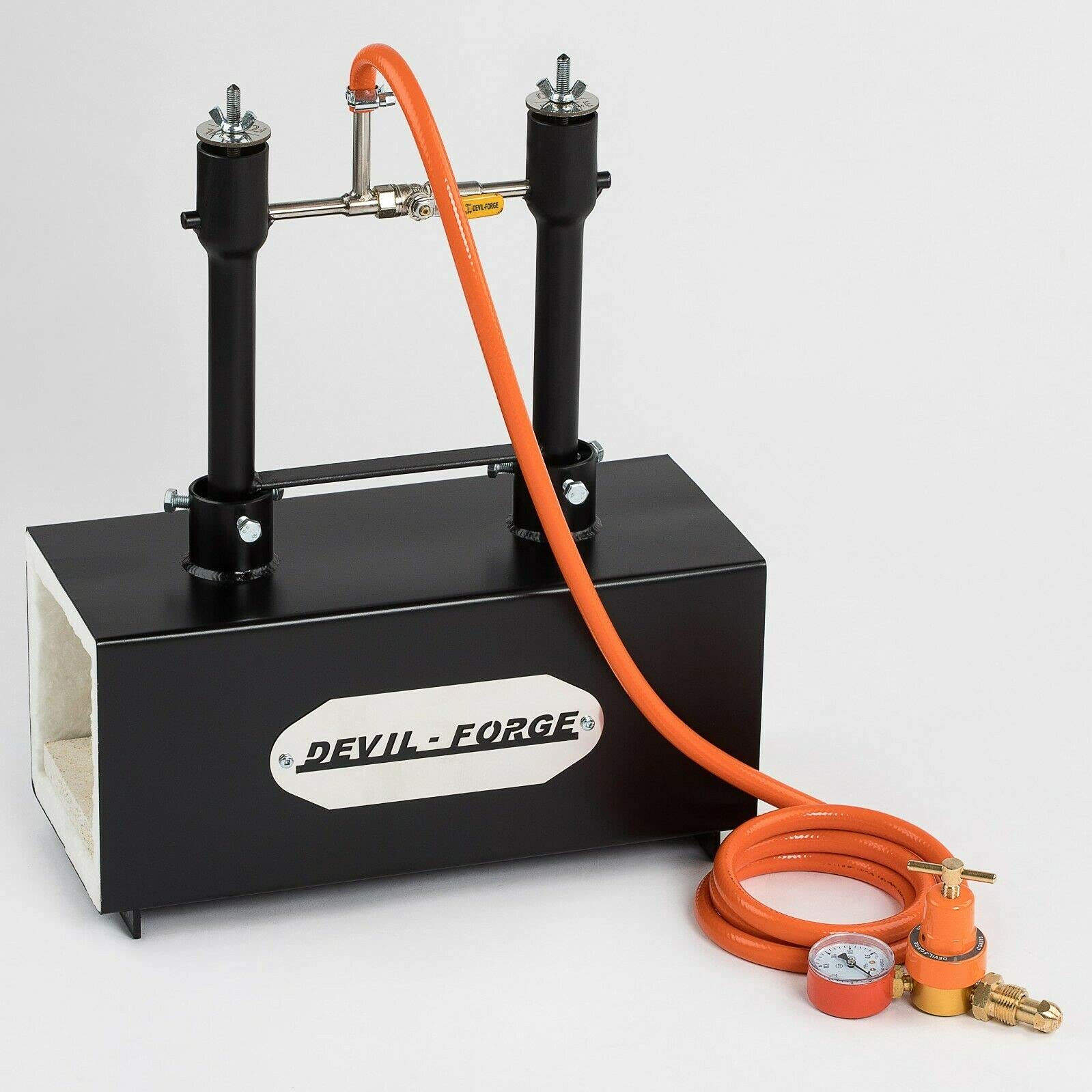DEVIL-FORGE Fragua de gas DFPROF2b Horno de Forja, 2 Quemadores DFP (160.000 BTU) usas 1 o 2, Válvula de bola de gas, Estrangulador de aire, Fabricación de cuchillos, Herrero, Herrador, 1370°C