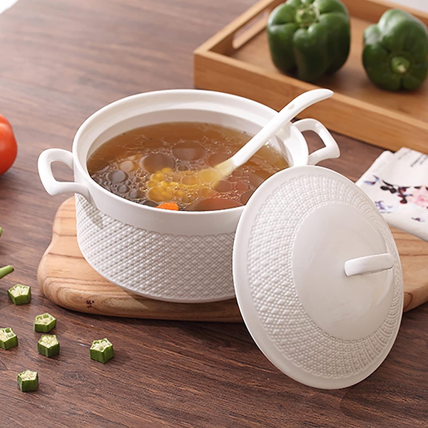 Keramische Suppenterrine mit Suppe, Schöpfkelle Suppenschüssel mit Deckel, Porzellan Suppentopf für Restaurant Home Kitchen White Dekoration,Weiß,3600ml