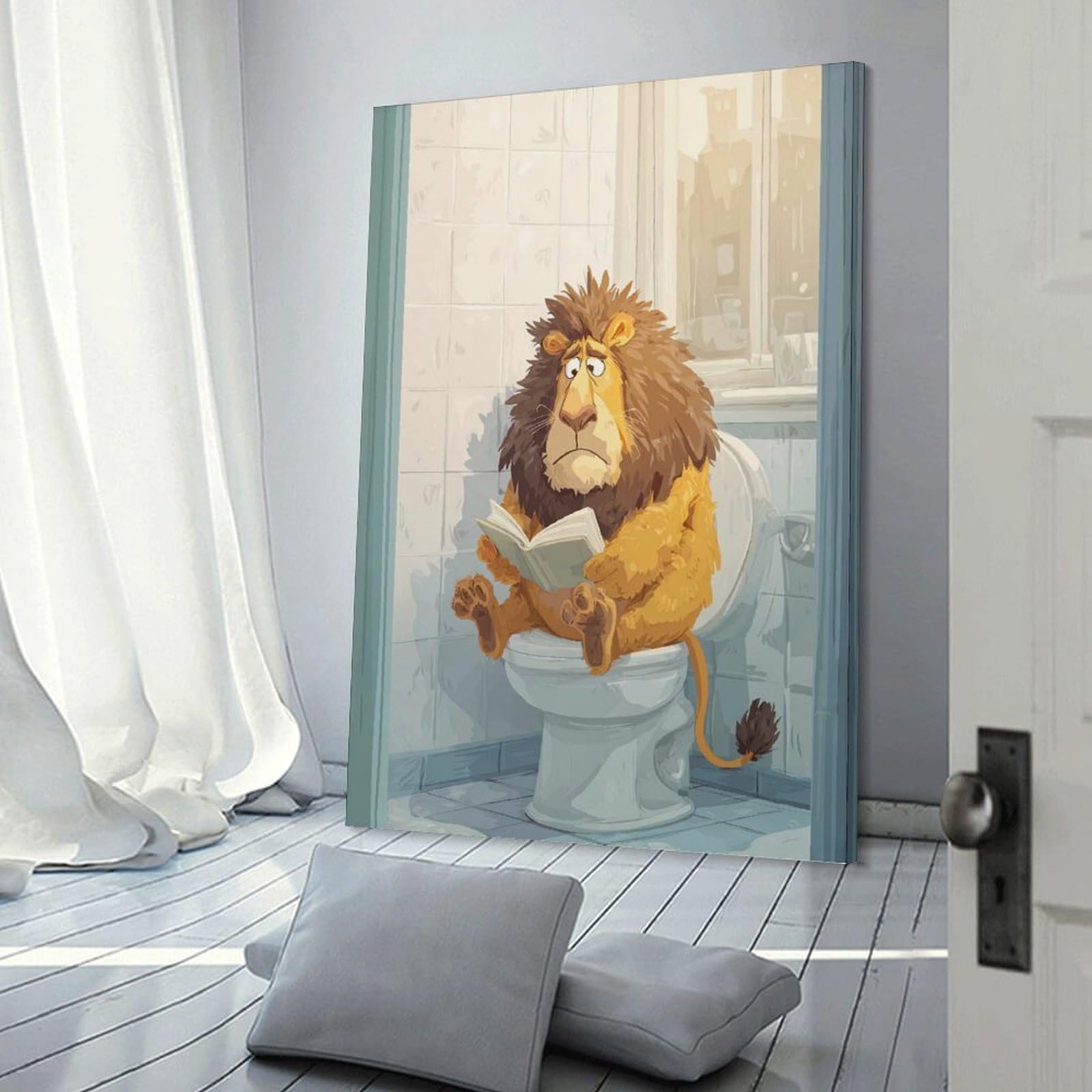 Junmoney Lion Reading on Toilet Cartoon Wall Picture Print 12x18inch(30x45cm), for Entryway, Lounge Links Or Small Walls, Decorative Wall Art for Narrow Spaces