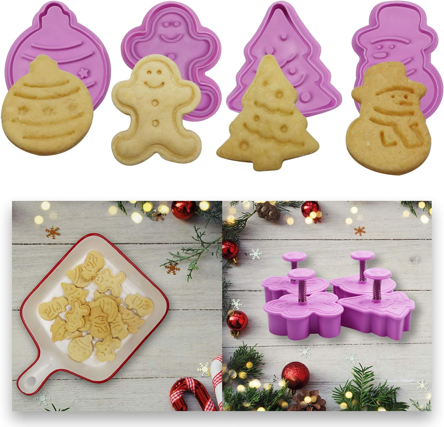 Mini 3D Christmas Cookie Cutters Set, Christmas Holiday Fondant Biscuit Pastry Cookie Cutter Stamp, Xmas Spring-loaded Handle Cutter Shape with Santa, Christmas Tree, Bell, Gingerbread Man (4 PCS)