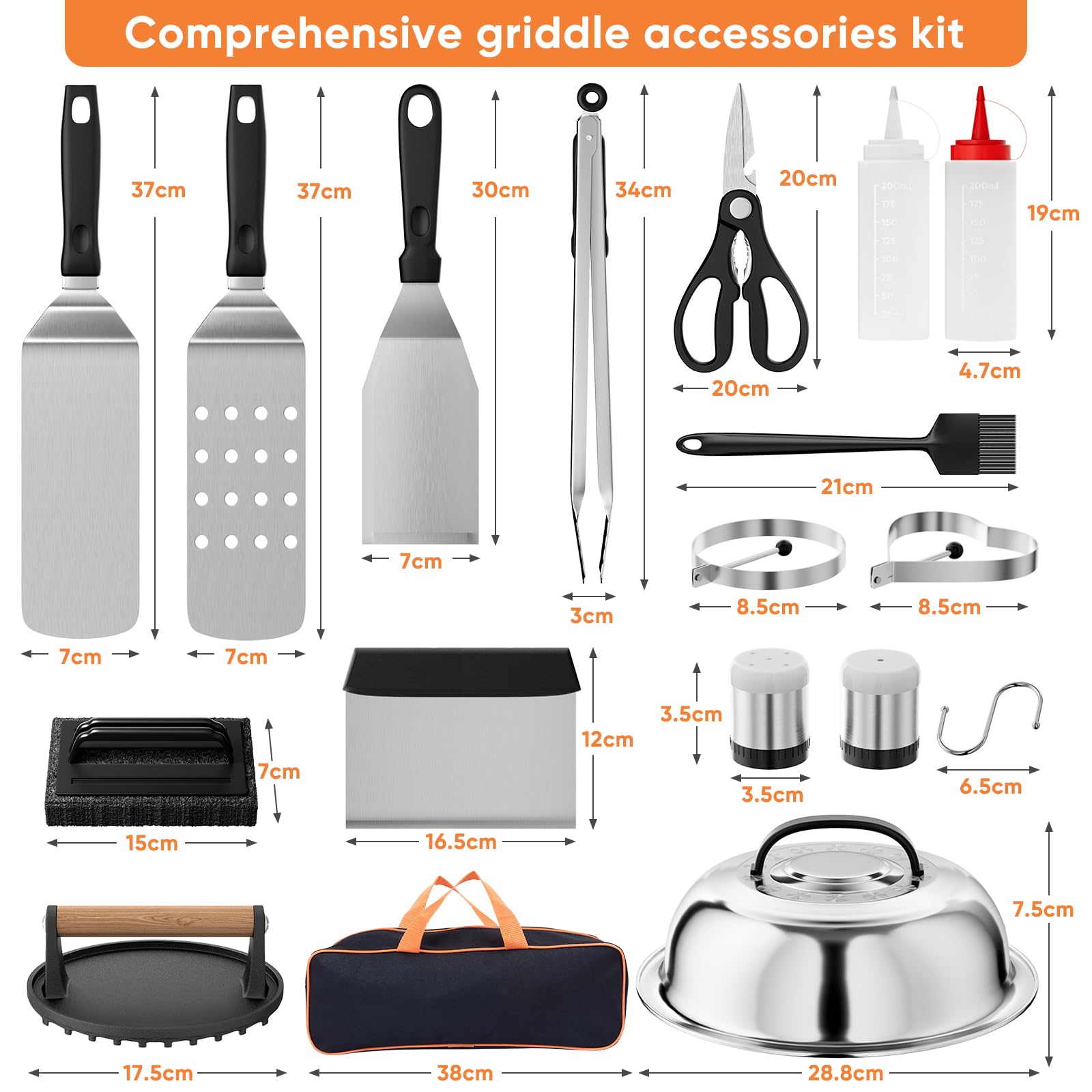 Mavivegue Kit di 28 accessori per piastra Hibachi professionale, set di spatole in metallo con pressa per hamburger, coperchio per ungere, cupola di fusione, pinze, borsa per il trasporto per barbecue