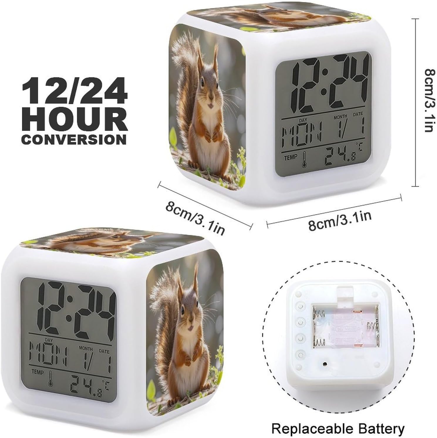 Squirrel Funny Animal Digital Alarm Clock for Heavy Sleepers Small Wake Up Digital Clock with Date Temperature 7 Colors Changing Desk Clock for Bedroom Bedside Nightstand