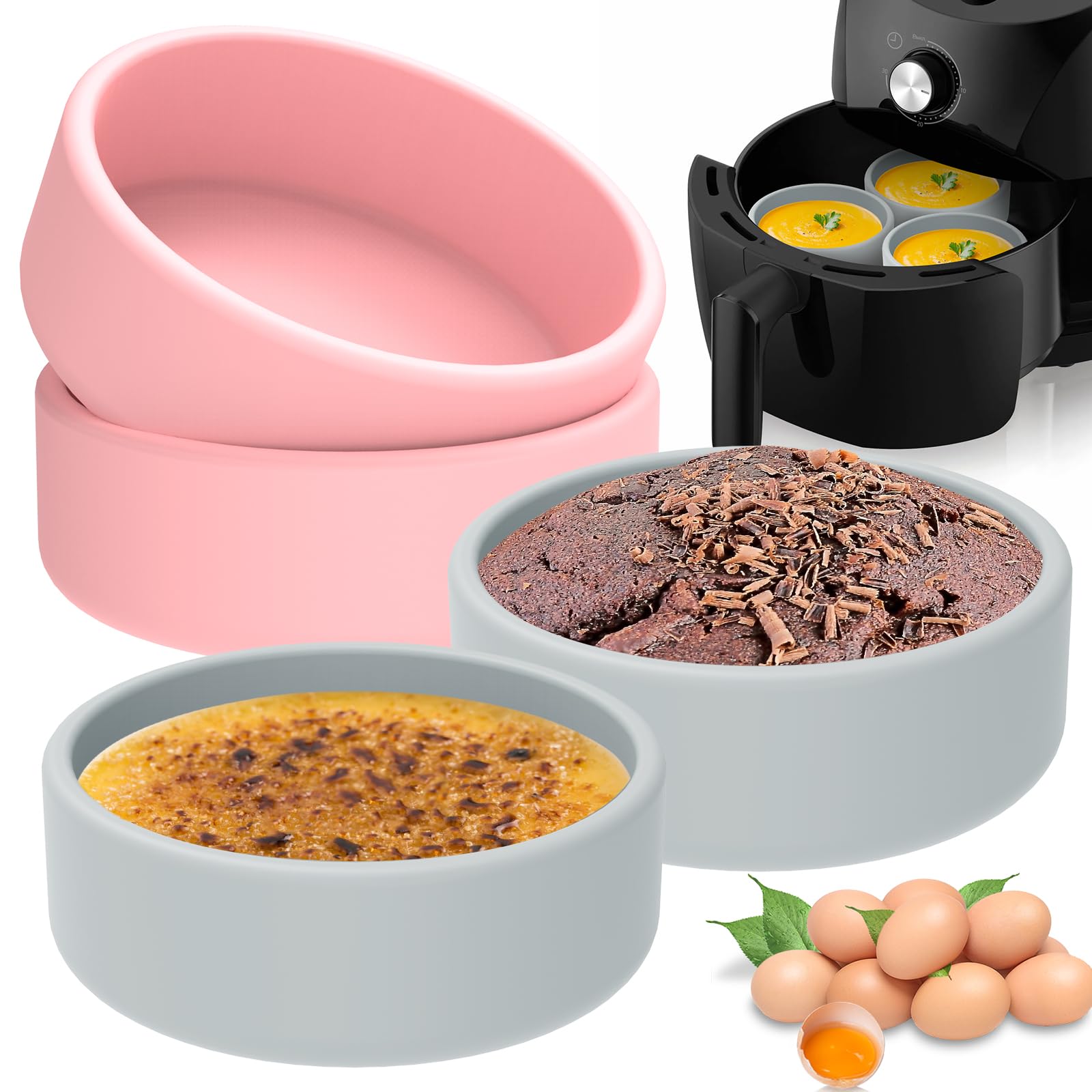 4Pcs Air Fryer Egg Moulds, Food Grade Silicone Poached Egg Cups, 4inch Non-Stick Silicone Ramekins, Temperature Resistant Air Fryer Egg Poacher, Dishwasher Safe for Souffle Dishes Cupcakes Custard