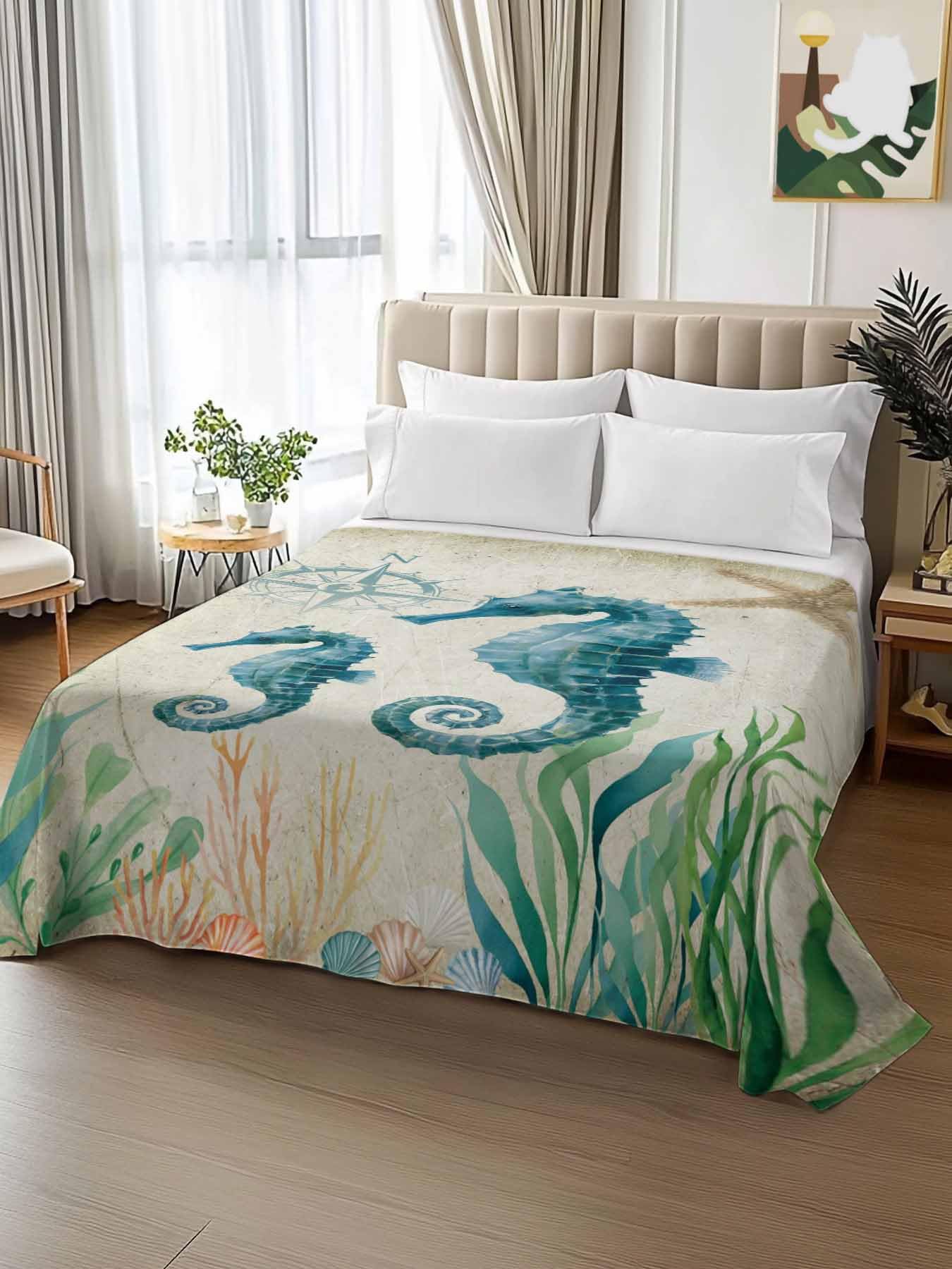 Twin XL Size Flat Sheet Only, Ocean Seahorse Seaweed Starfish Bed Top Sheet Soft Microfiber Breathable Bedding Flat Sheets, Retro Nautical Compass Top Sheets Hotel Luxury