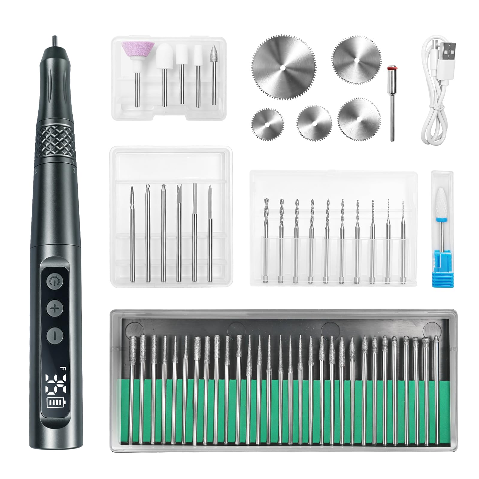CGBE 35-Gang-Regler Gravierstift mit 58 Gravurzubehör: USB-Aufladung Elektrischer Mini Gravurstift Set für Künstler Heimwerker - Anfängerfreundlich Gravierwerkzeug mit LED-Anzeige für Glas Holz Stein