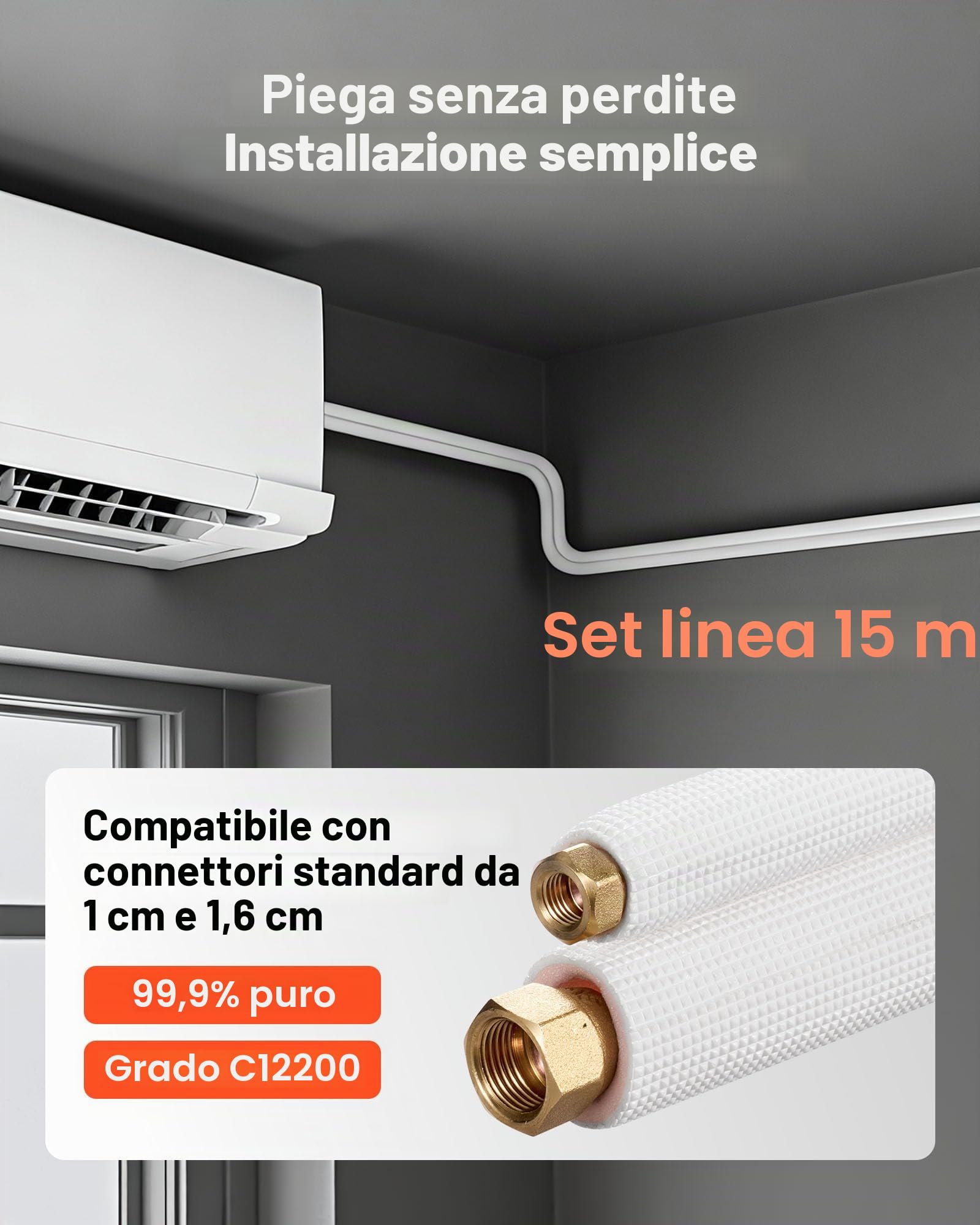 VEVOR Set di Tubi Mini Split da 15,2 m Tubo in Rame per Aria Condizionata con Diametro Esterno di 9,5 e 15,9 mm, Raccordi di Qualità Elevata, per Sistemi di Condizionamento Aria Mini Split HVAC