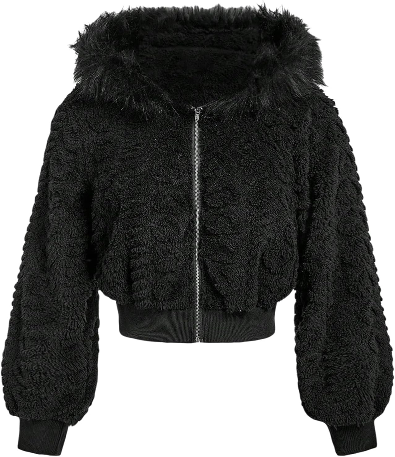 SOLY HUX Women's Faux Fur Fuzzy Cropped Jacket Zip Up Hooded Long Sleeve Warm Outerwear Casual Coat