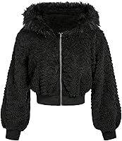 SOLYHUX Women's Faux Fur Fuzzy Cropped Jacket - Zip-Up Hooded Long Sleeve Warm Casual Coat