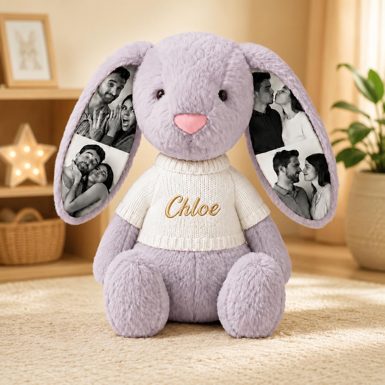 VEELU Personalised Photo Bunny Teddy Bear 26cm/40cm, Custom Keepsake Stuffed Bunny Plush with Hidden Ear Pictures, Personalised Wedding Anniversary Birthday Gifts for Women, Animal Girl, Couple
