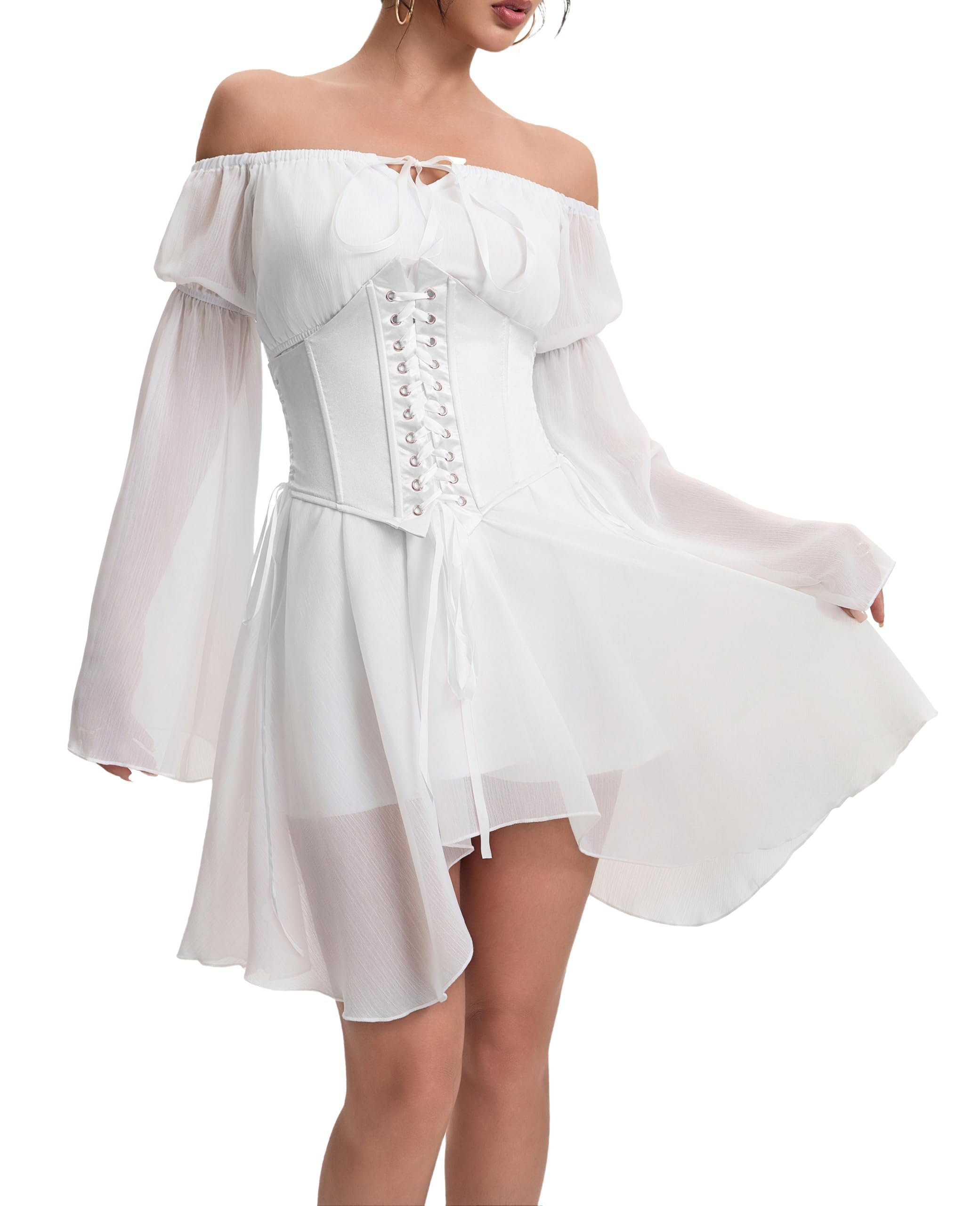 TSMNZMU Womens Two Piece Sets Corset Dress Off Shoulder Bell Sleeve Chiffon Dresses Lace-Up Mini Bustier Party Dress: 2 Piece Set White X-Large