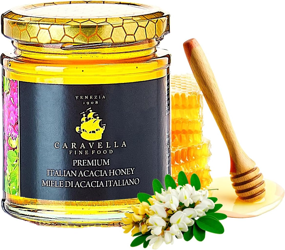 Acacia Honey 250g Caravella Fine Food | Italian Light & Delicate Floral Aroma | Pure Raw Unpasteurized | Antioxidant-Rich Energy Boosting Gentle on Digestion | Ideal for BreakfastTea Cheeses Wellness