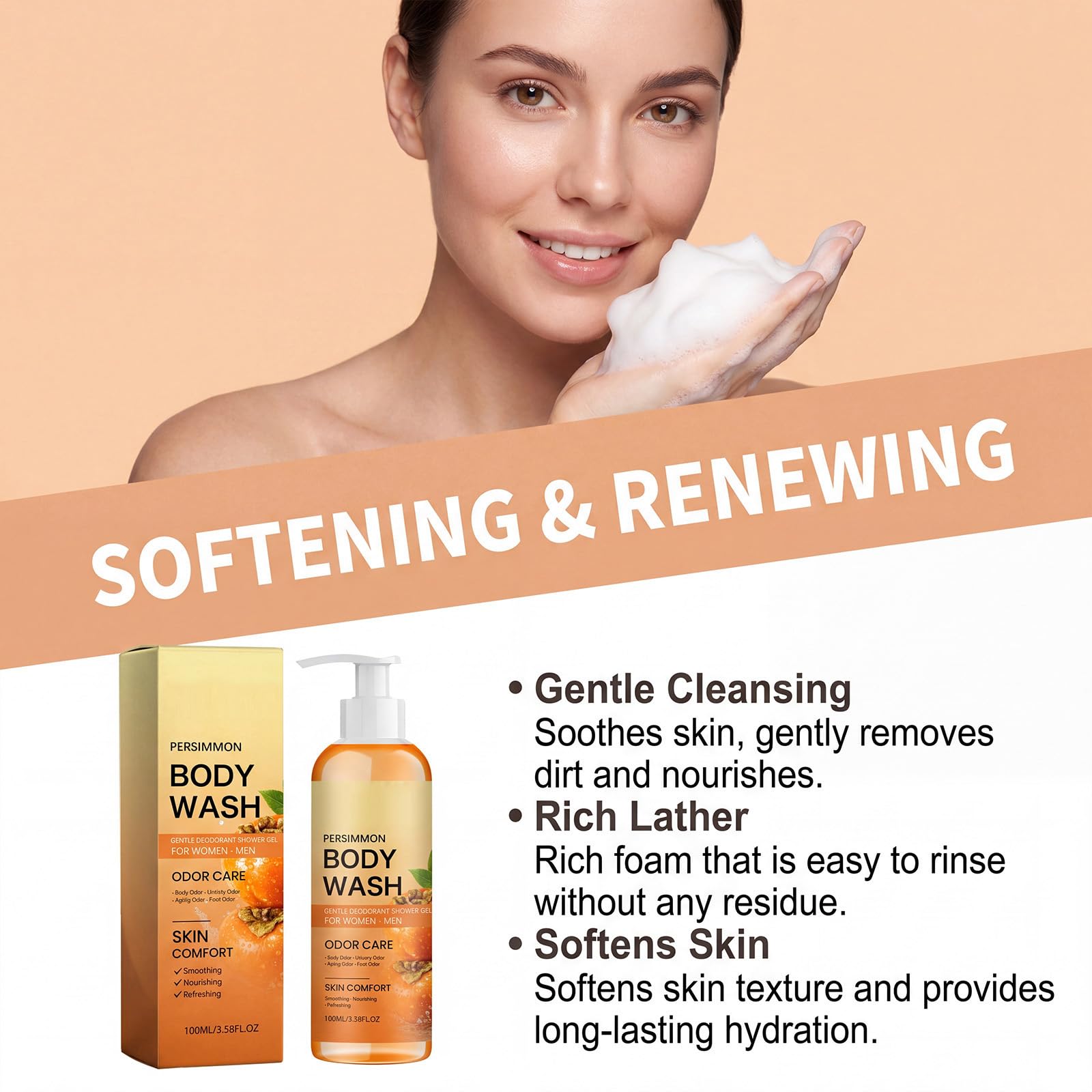 Persimmon Dezodorizing Body Wash For Daily Fresh, nawilżający żel pod prysznic do kontroli ciała, głębokie oczyszczanie, dezodoryzacja, smoothing Cleanser do usuwania zapachu Axle Aging (6 szt.)