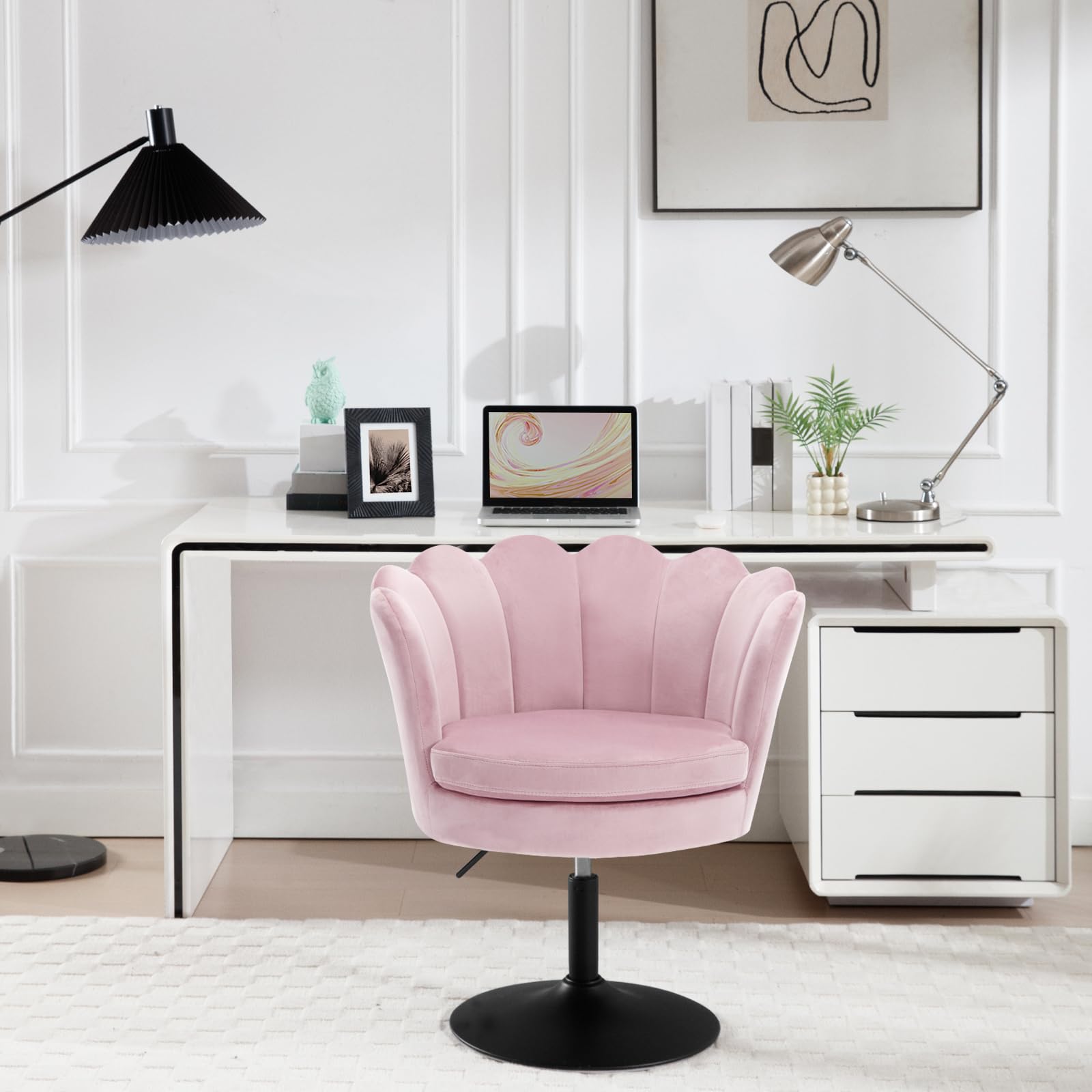 WOLTU Sedia da Trucco, Sgabello Cucina, Poltrona con Seduta a Forma di Fiore, Girevole a 360°, Sedia in Velluto per Camera da Letto, Soggiorno, Altezza Regolabile 43-55 cm, Rosa