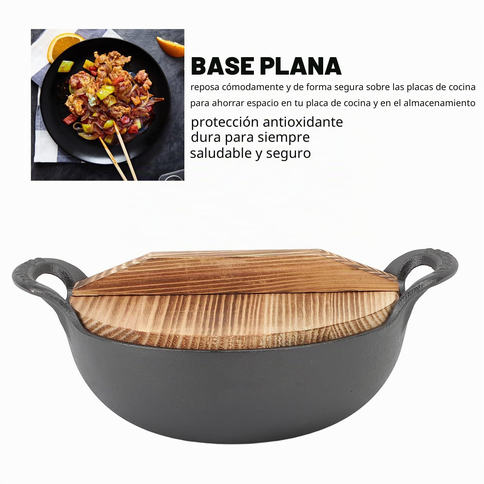 Wok de Hierro Fundido, Auténtica Comida Asiática, Alternativa de Acero Inoxidable, Tapa Incluida para Saltear y Más (20 centímetros)