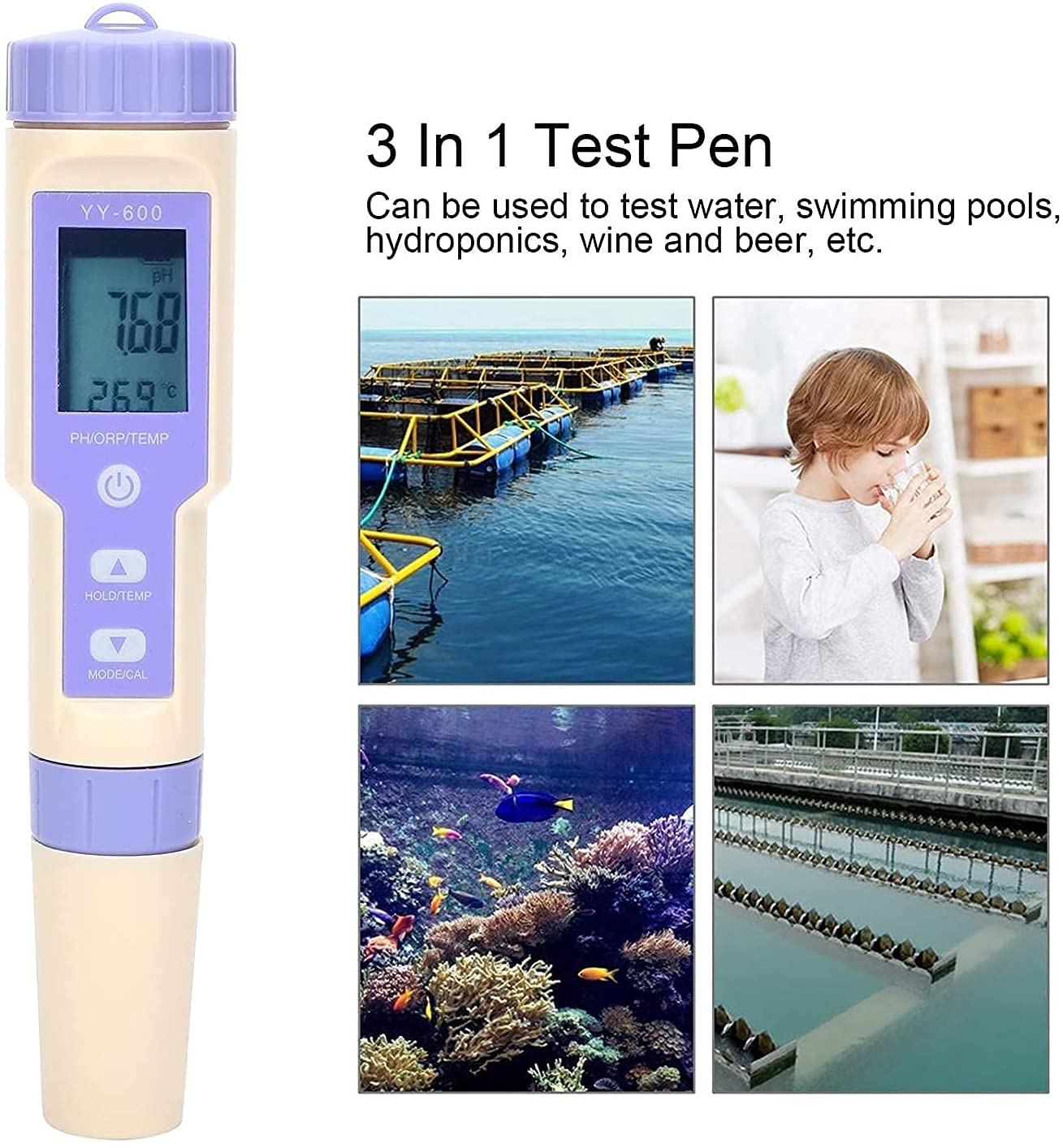 Precise 3 in 1 Test Pen Water Quality Testing Portable PH/ORP Temperature Tester for Testing RO Drinking Water Hydroponics Aquarium Swimming Pool Practical Water Quality Detector