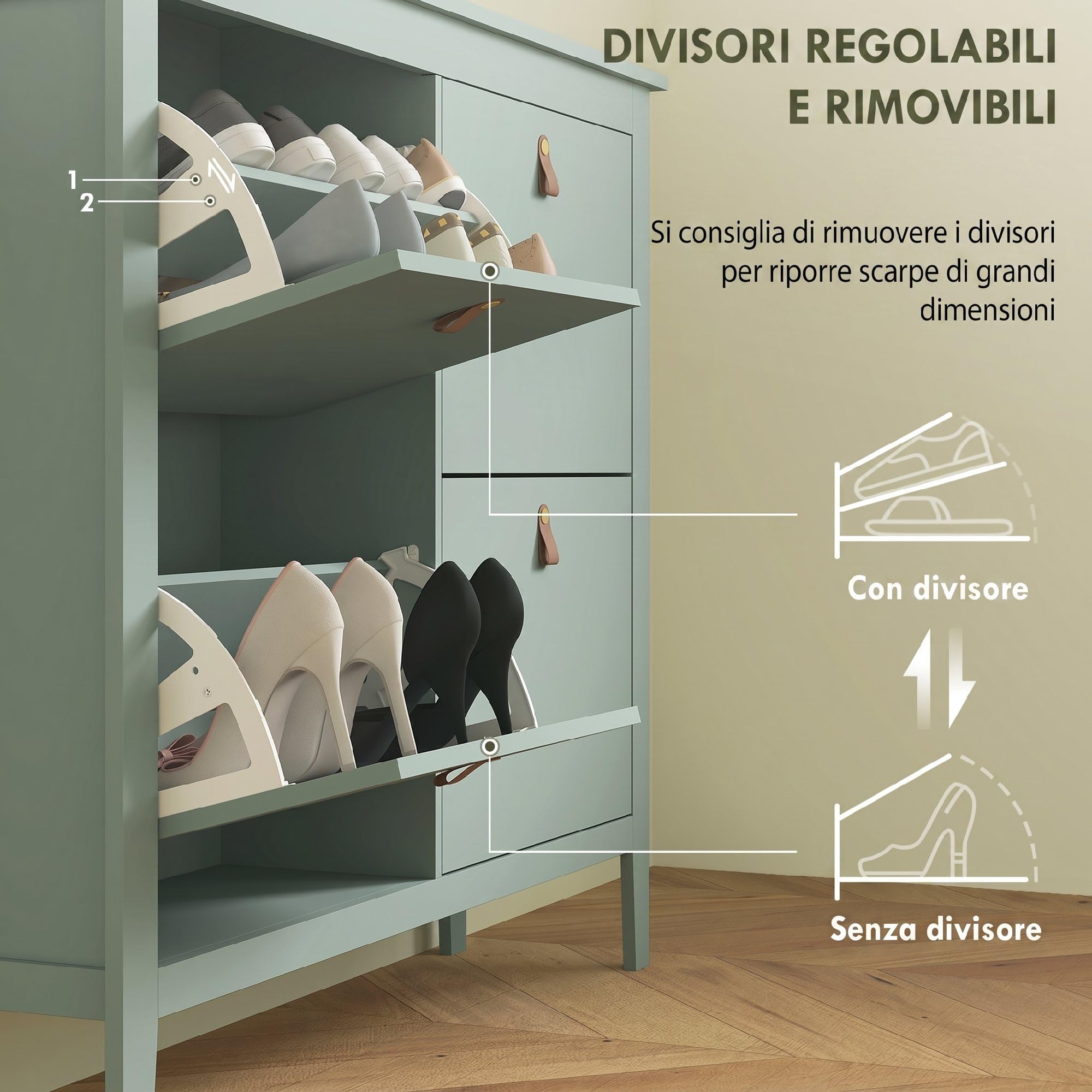 HOMCOM Scarpiera Salvaspazio Slim con 4 Ante a Ribalta, Scarpiera Ingresso con Ripiani Regolabili, Piano Superiore e Base Rialzata, Porta Scarpe per 20 Paia in Legno con Maniglia, 105x24x95.5cm, Verde