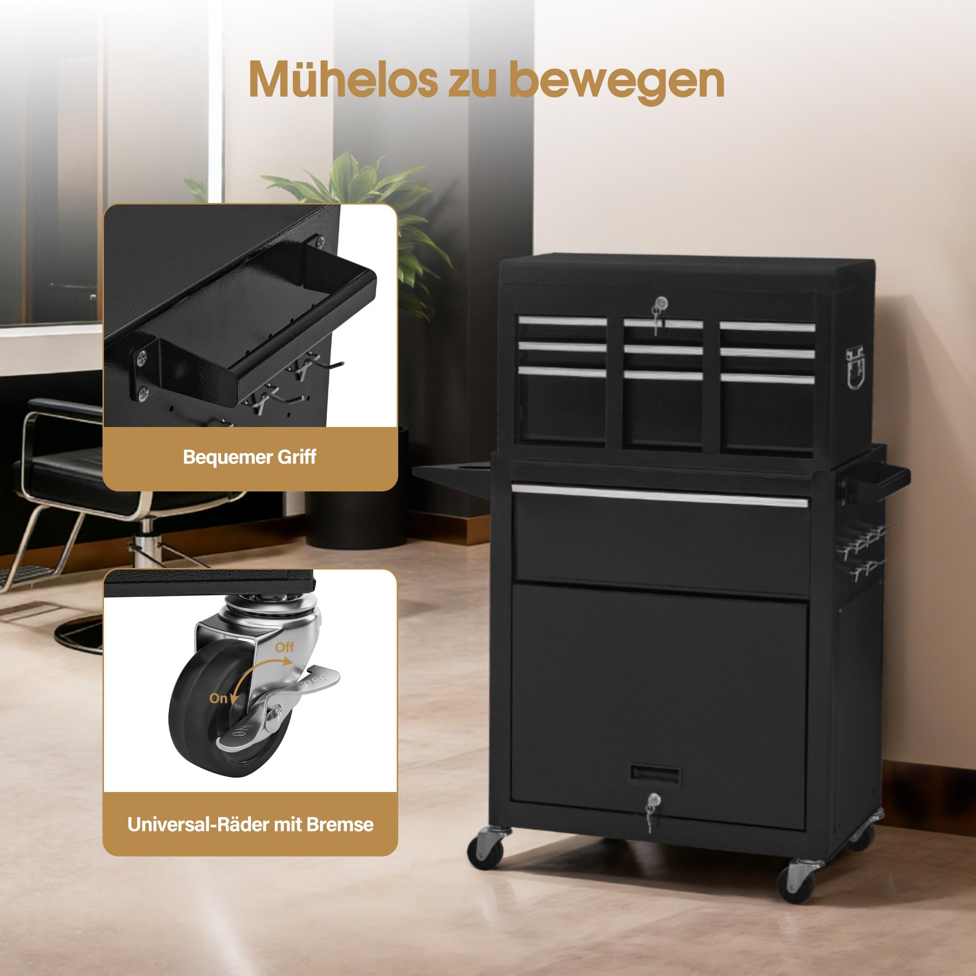 BarberPub 2 in 1 Friseurwagen mit 5 Schubladen & Schrank, abschließbar, Metall, Schwarz-Silber