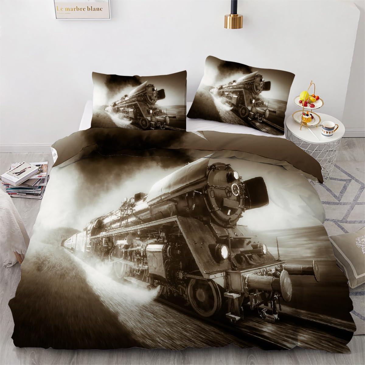 Parure de lit retro train 240x260 microfibre anti-plis pour un lit 2 personnes toujours impeccable