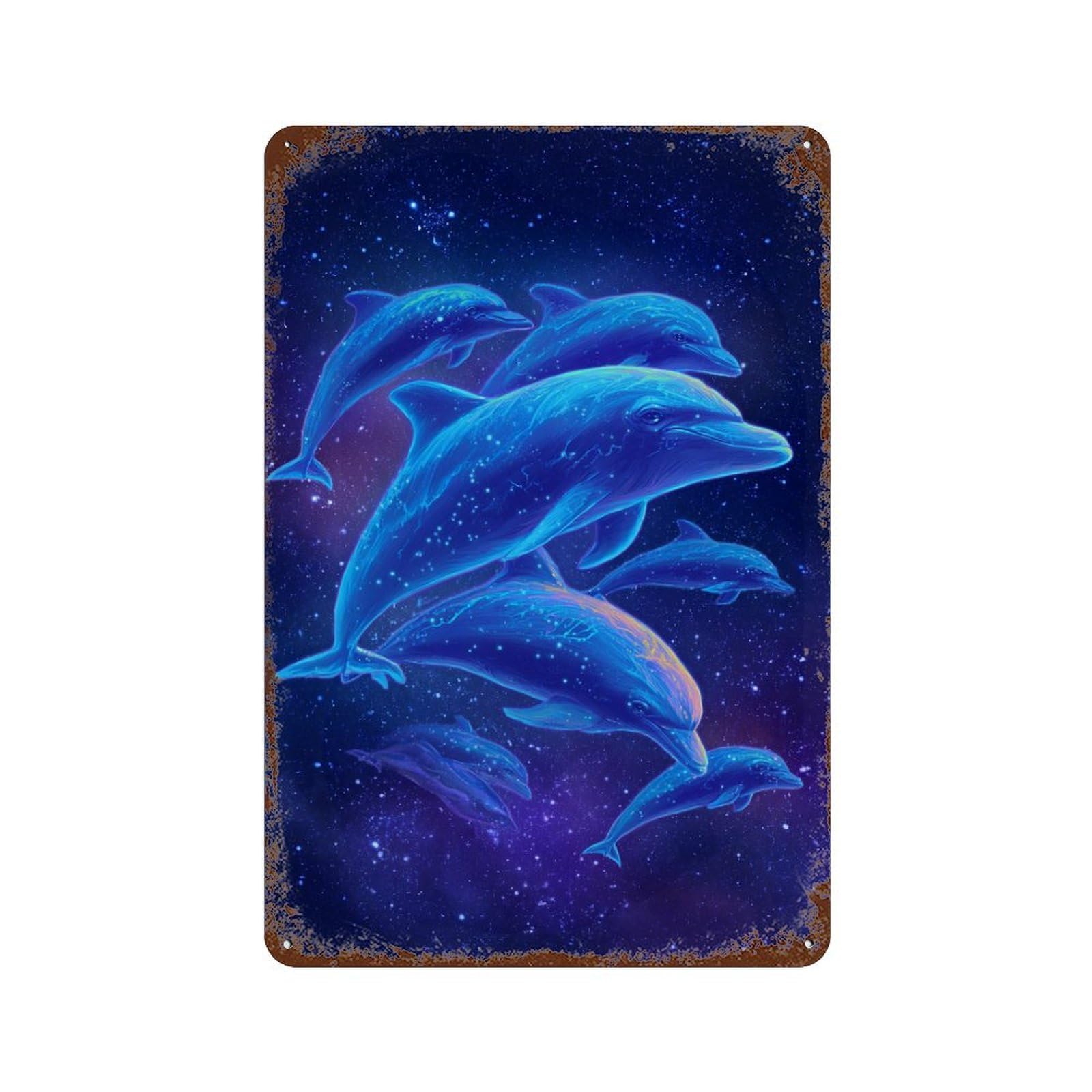 Galactic Dolphins Retro Metal Sign 11.8"x7.9", Old School Wall Decor for Garage, Bar And Workshop Decor
