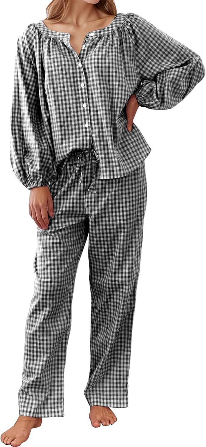 Flygo Womens Gingham Pajama Set 2 Piece Cotton Plaid Raglan Sleeve Button Top Straight Leg Pants Pjs Y2K Lounge Set Sleepwear