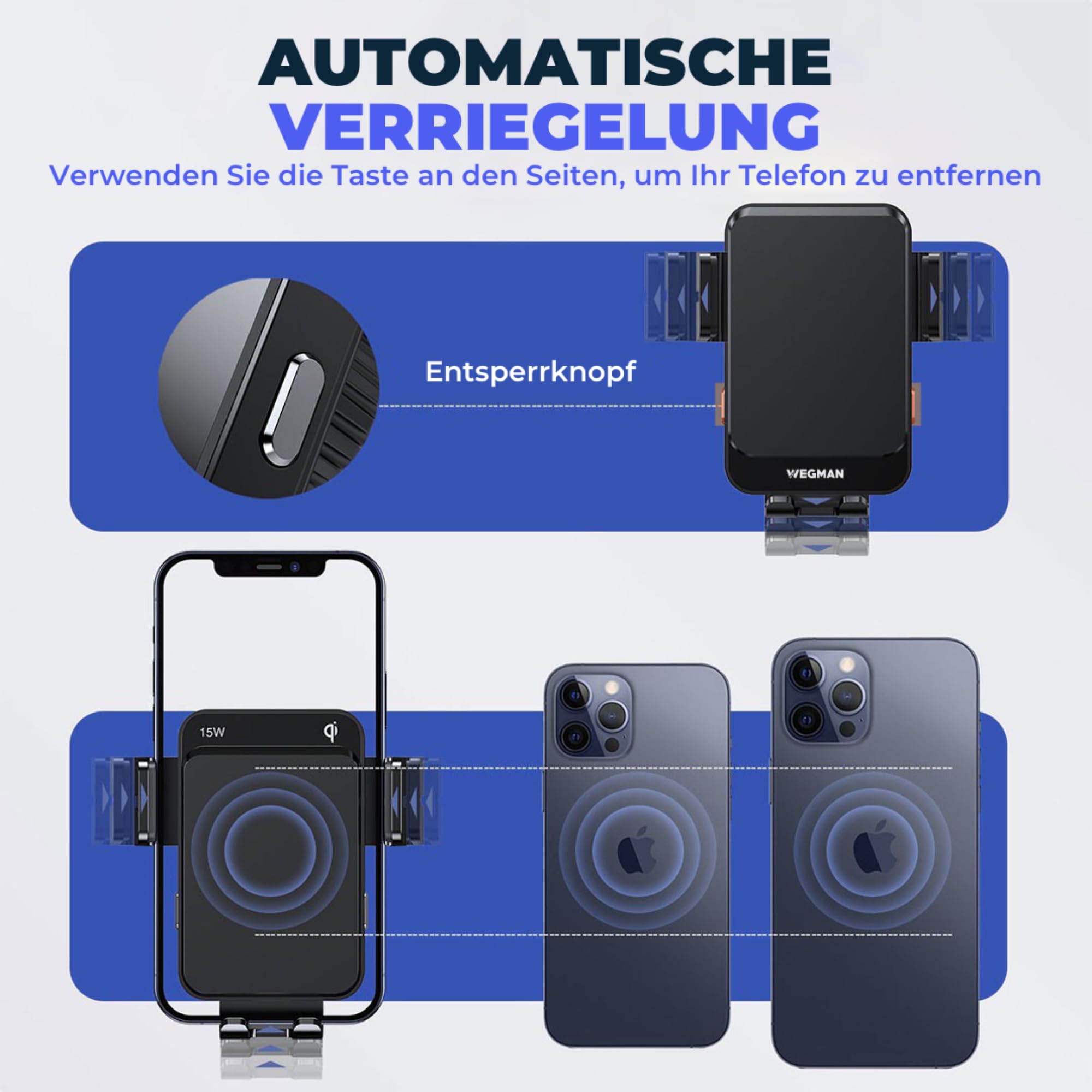 Wegman Handyhalterung Auto mit Ladefunktion 15W Qi, Smartphone Halterung Auto für Lüftung, Armaturenbrett & Windschutzscheibe (inkl Ladegerät & USB C Kabel) MagSafe Autohalterung, KFZ Handy Halterung