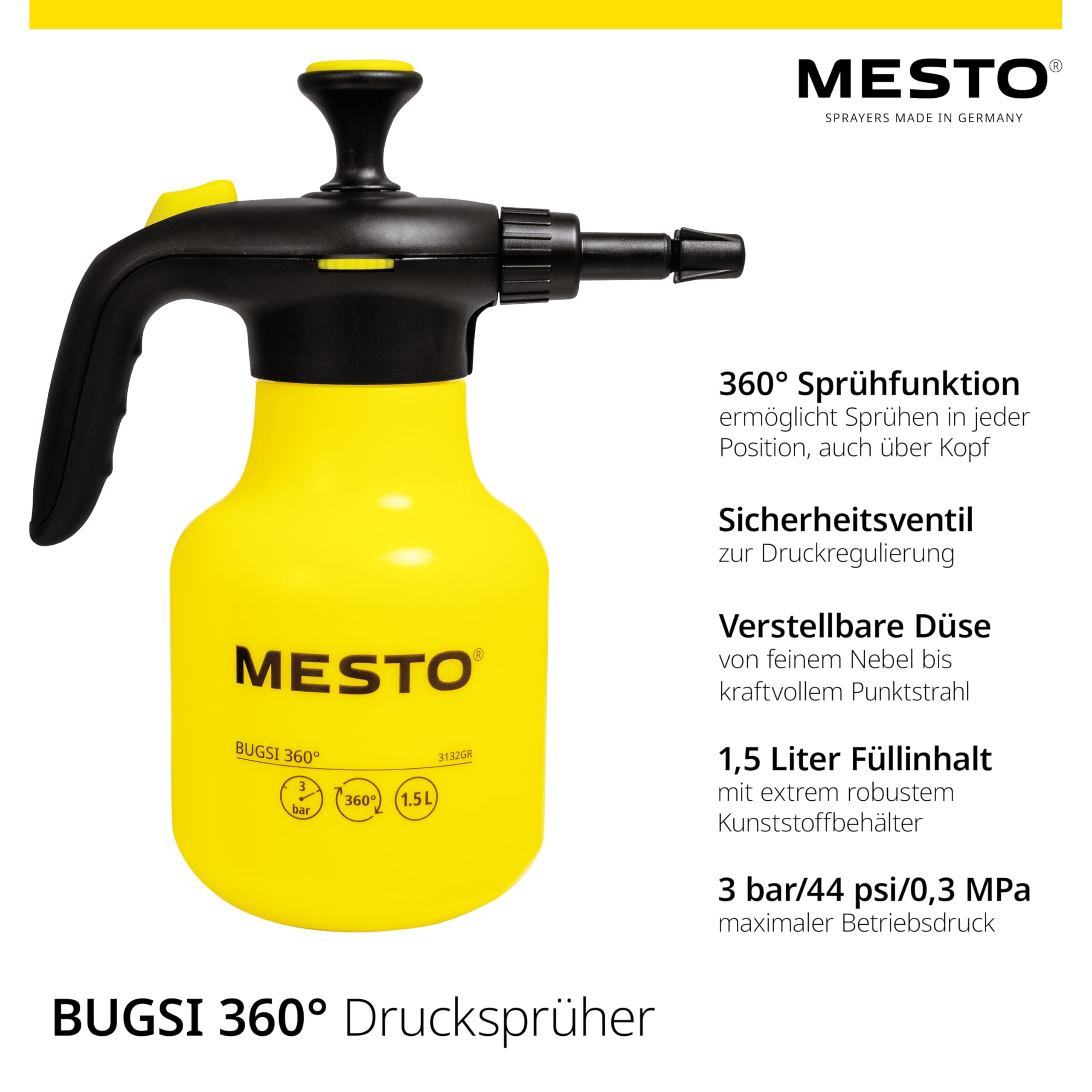Mesto BUGSI 360° Drucksprüher 1,5L Set inkl. MESTO Verlängerungsrohr 27cm | Sprühflasche für Garten & Pflanzen | Pumpsprühflasche | Sprühgerät mit 2 in 1 Ventil | Pflanzensprüher | Verstellbare Düse