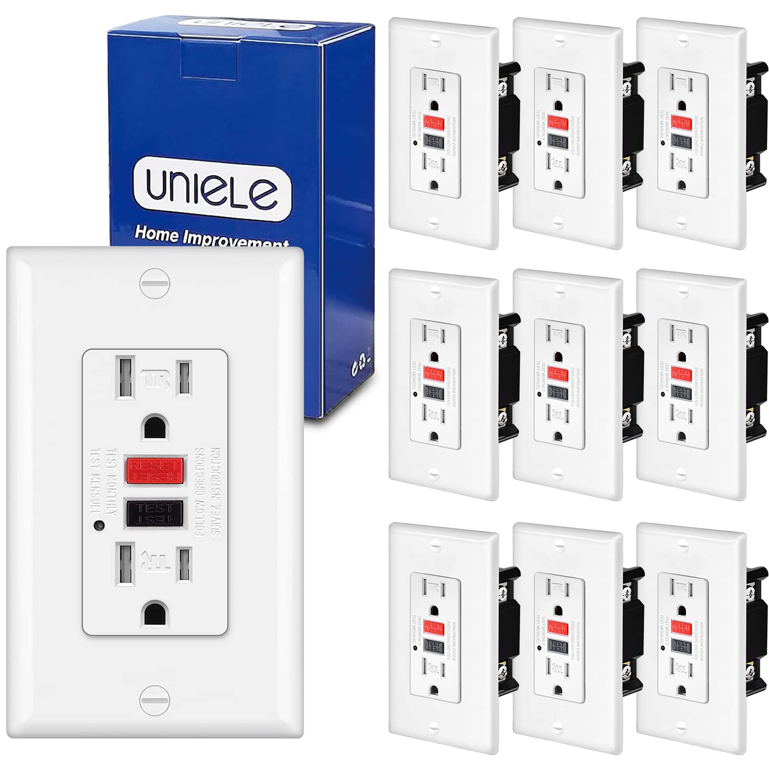 (10 Pack) UNIELE GFCI Receptacle Outlet, 15 Amp Tamper-Resistant (TR) Ground Fault Circuit Interrupt