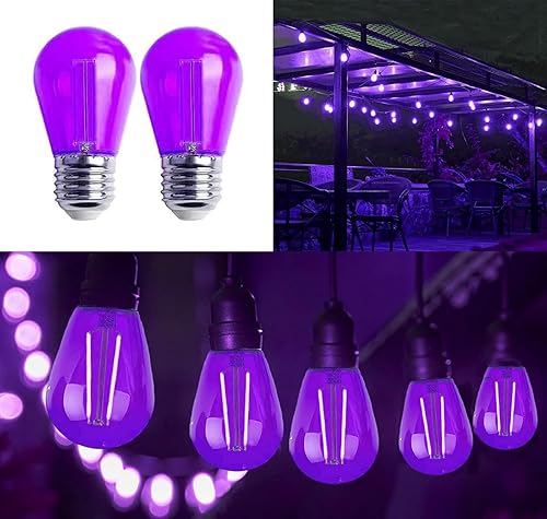 Miniatura 9 de Paquete de 15 bombillas LED S14 de 2 W, bombillas de repuesto de Navidad moradas para exteriores, bombillas LED Edison moradas, base E26, bombilla