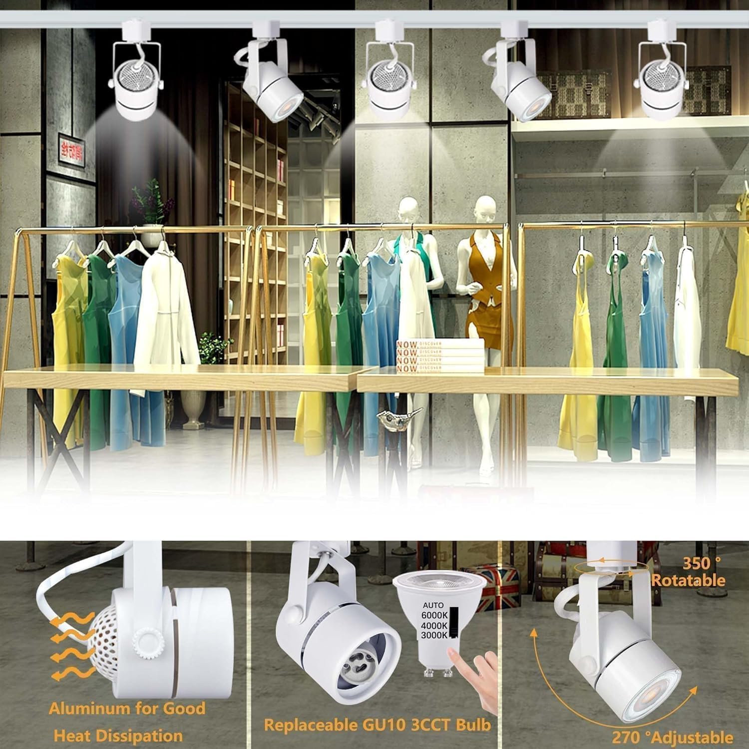 Kit de iluminación LED regulable en blanco, cabezal de carril GU10 de 10 W 3CCT con riel en H de 2 x 1 m, foco de techo comercial ajustable de 3000 K/4000 K/6000 K con 6 bombillas GU10 intercambiables