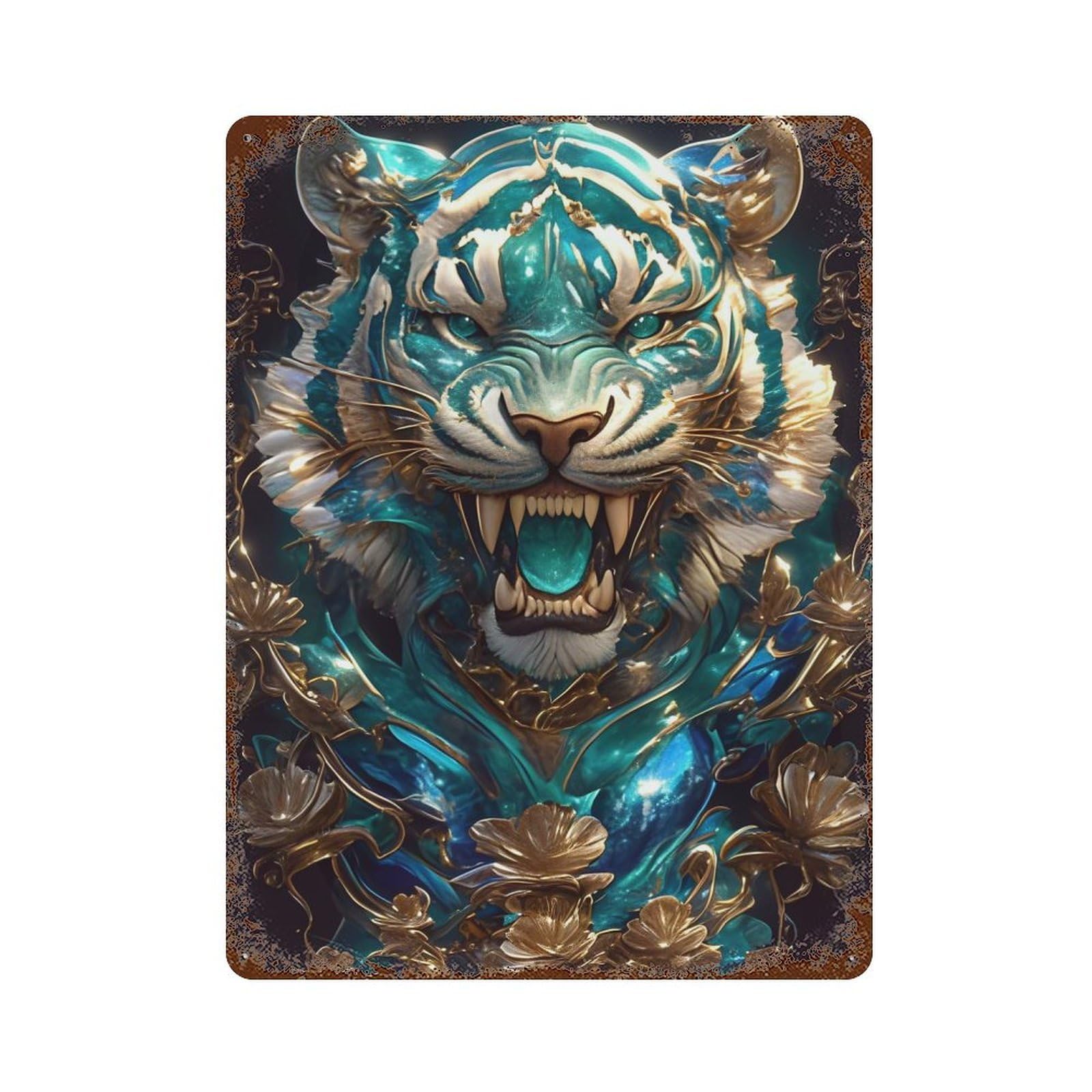 Rusty Metal Tin Sign with Ornate Teal And Gold Tiger Portrait Design 15.7"x11.8", for Farmhouse, Kitchen And Entryway Decor, Classic Wall Plaque