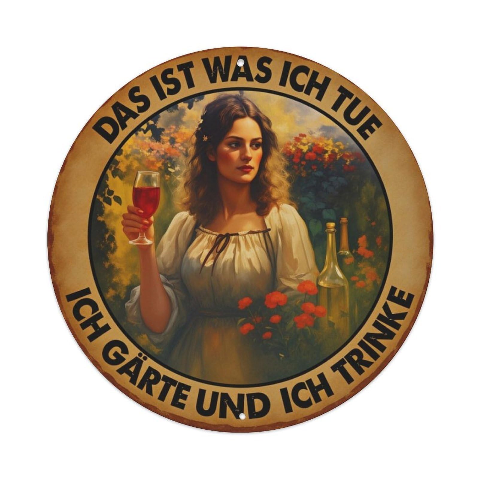 Vintage Garden Wine Lady German Round Decor Sign Vintage Aluminium Metal Sign, Retro Wall Decor for Home, Bar, Garage & Farmhouse 20x20cm