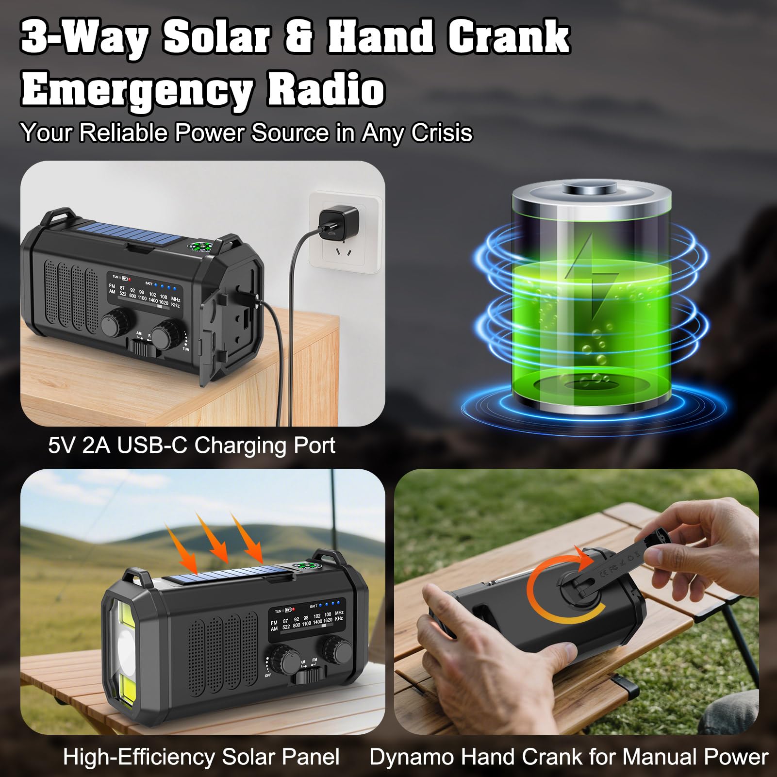 Wind Up Radio, Solar & Hand Crank Emergency Radio with 10,000mAh Power Bank, AM/FM Portable Radio, LED Torch, Reading Lamp, SOS Alarm & 5V USB Output for Outdoor, Camping, Hiking - 5