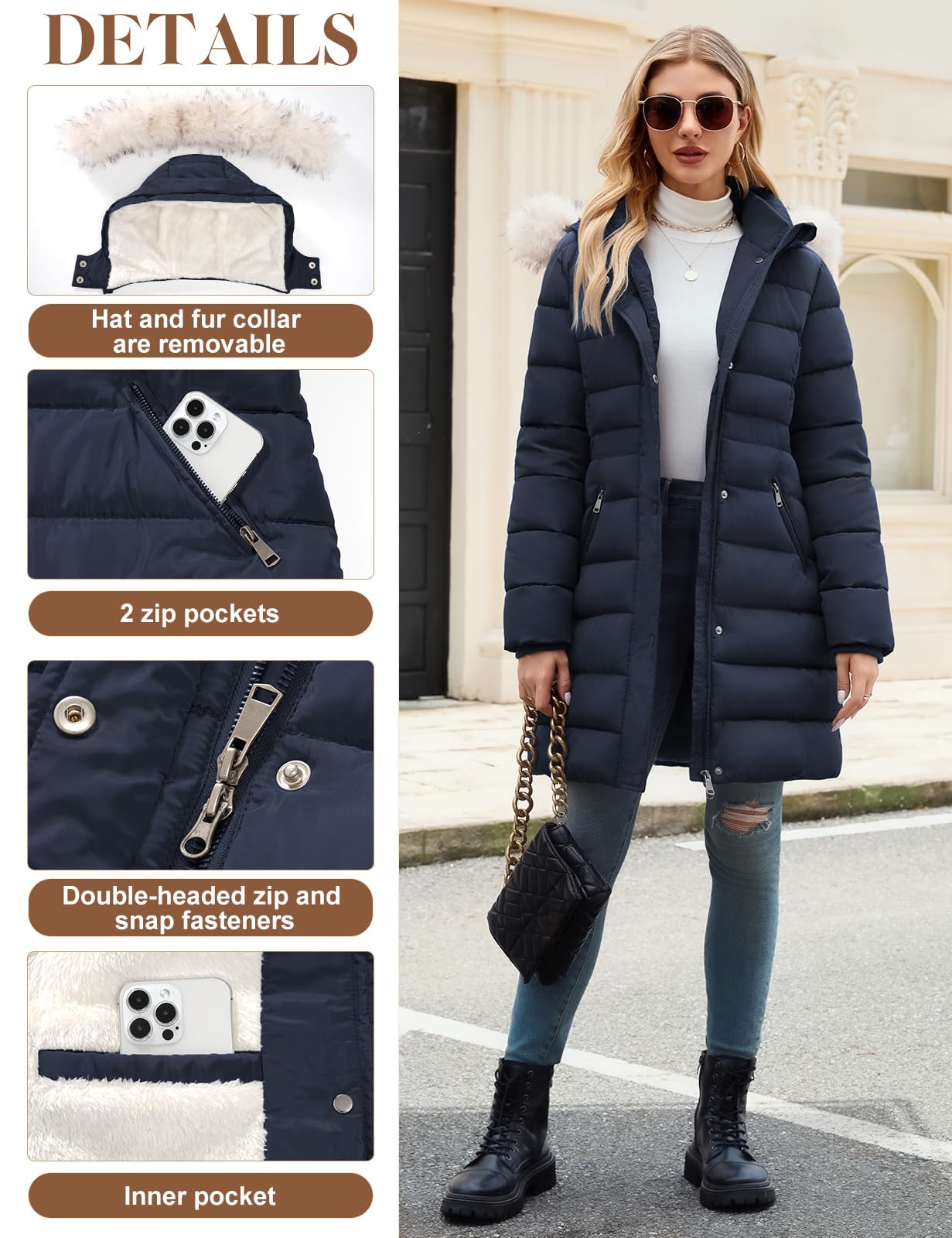 Yuson Girl Cappotto Donna Invernale Lungo Giubbotto Elegante Invernali Cappuccio Forti Antivento Piumino Giubbotti Imbottito Calda Parka Coat Pesante Vento Giacca con Zip Tasche