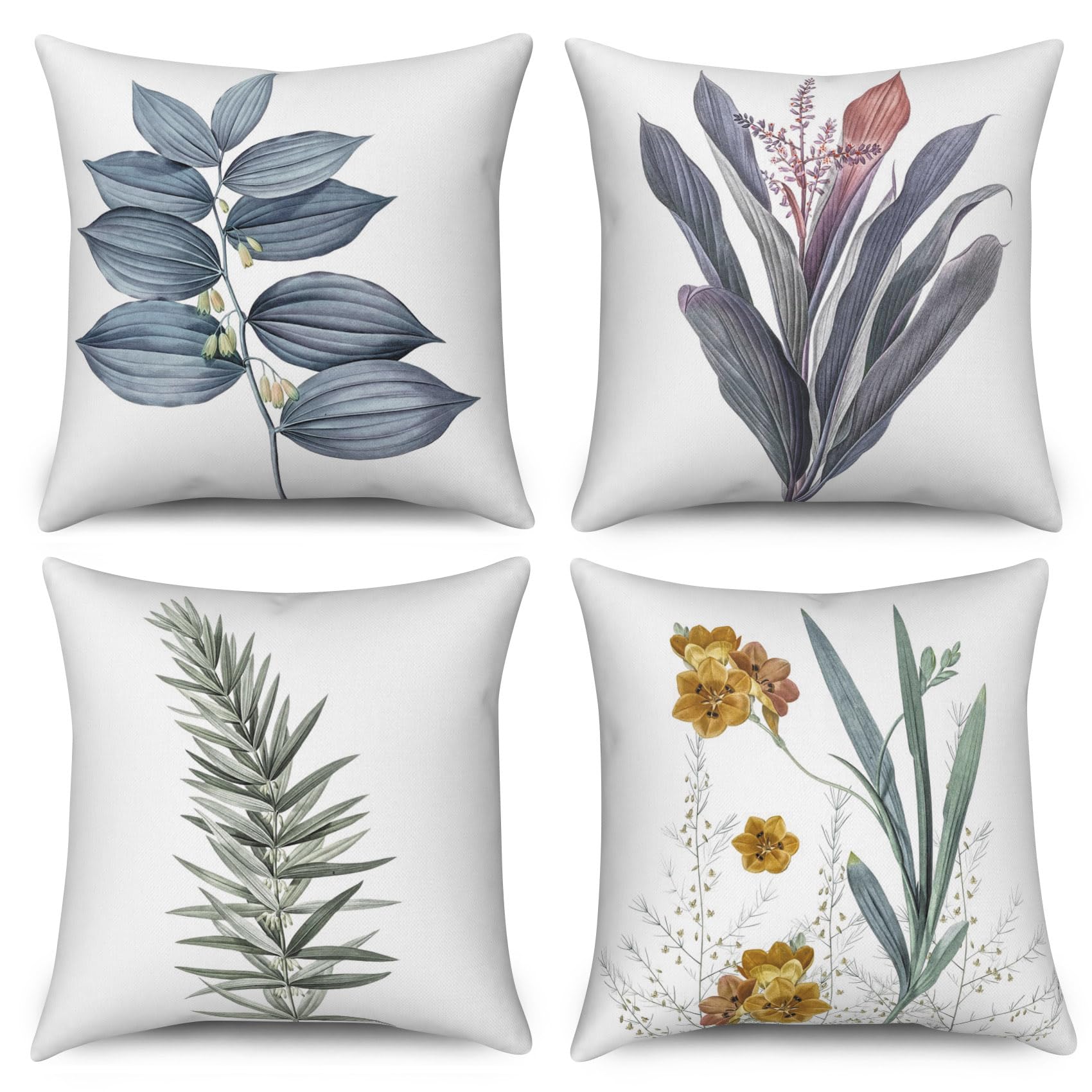 ASDCXZ Flower Pillow Cover Set, 50x50 cm, 4pcs, Hand Painted Yellow Flower Blue Leaves Sofa Deco Washable Polyester Flax Textile Outdoor Upholstery โ image 1