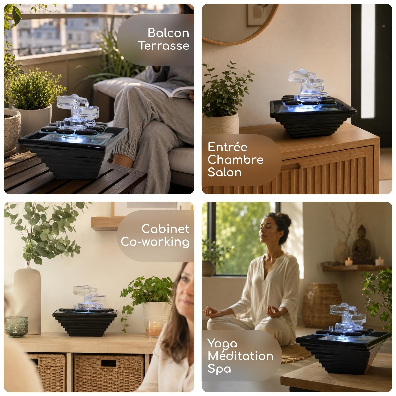 Fontaine d’Intérieur en Céramique et Verre Haute Qualité Lumière Blanche, Déco Méditation, Tasse Jarre Zen, écoulement d’eau envoutant, Idée Cadeau Haute Gamme, H 20x23x23cm – Himalaya Zen’Light