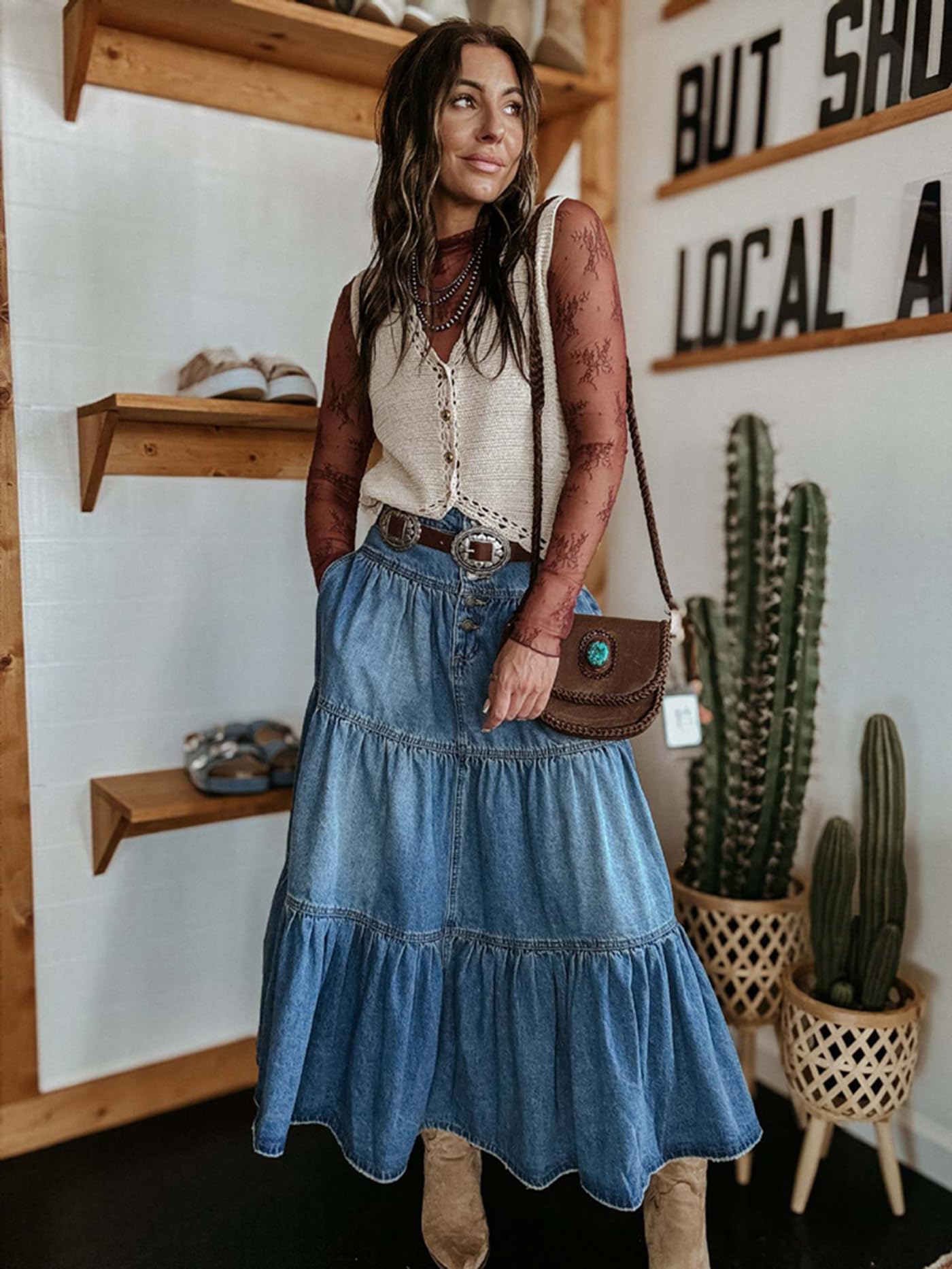 Jeansröcke für Damen Lang, Boho A-Linie Stufenrock im Denim-Look, Länge bis zum Knöchel Pflegeleichter Polyester-Mix Maxirock, Knitterarm für Freizeit Urlaub Alltag