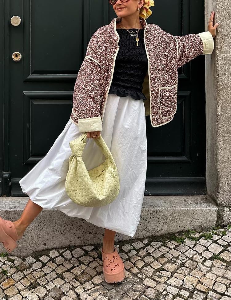 Omoone Women's Cropped Quilted Jacket Floral Printed LightWeight Padded Puffer Cardigan Coat Outwear - Image 3