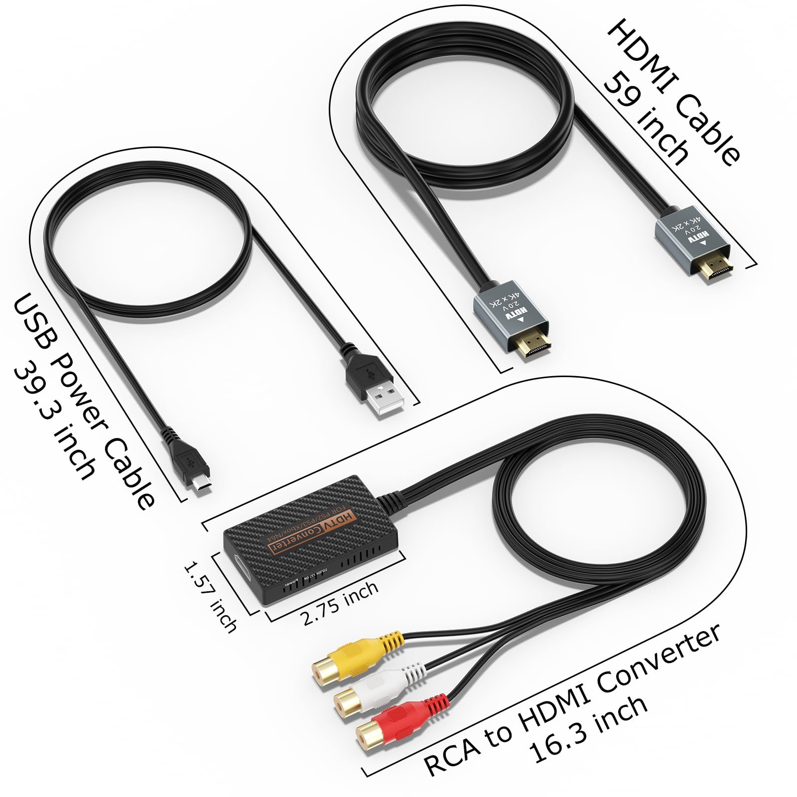 Konwerter RCA na HDMI, kompozytowy konwerter AV na HDMI obsługuje 1080P z kablem HDMI do odtwarzaczy Xbox/Wii/PS1/PS2/PS3/GameCube/N64/VHS/VCR/DVR