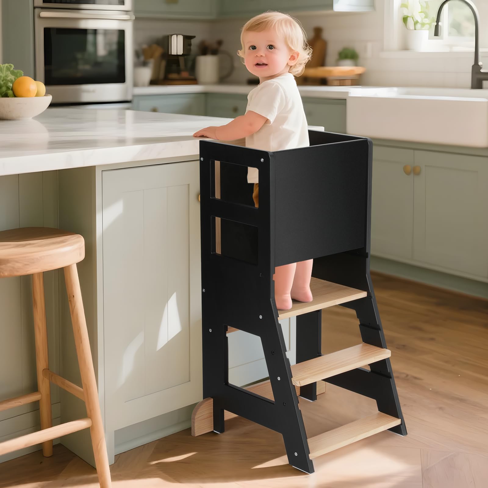 KIDINIX Kinder Lernturm ab 1 Jahr, Learning Tower mit Tafel, Höhenverstellbar, Montessori-Lernstuhl für Küche und Bad, Kippsicher, Schwarz&Holzfarbe
