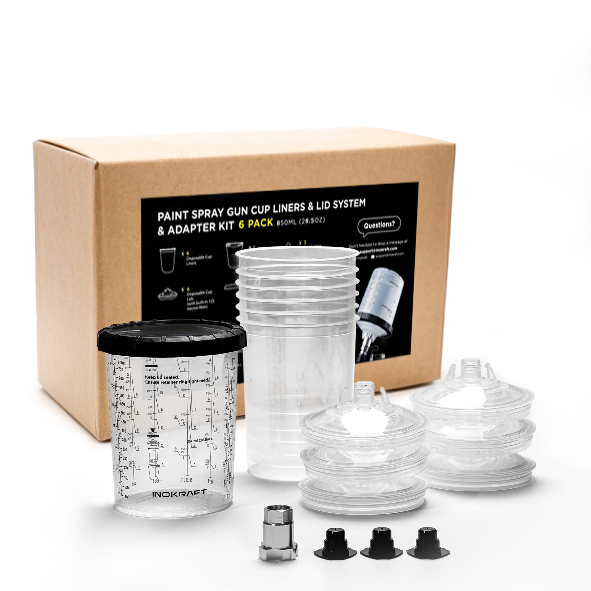 InoKraft Disposable Paint Spray Gun Cup, Paint System for HVLP and LVLP Paint Spray Paint Gun, Standard 22 Ounce (650ml) Kit with 45 Cups and Lids System, 1 Hard Cup with Retainer Ring and 20 Plugs — view 12