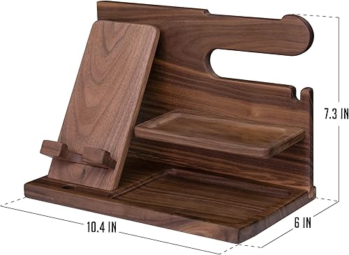 Miniatura 5 de Estación de acoplamiento inteligente de madera para teléfono, organizador de mesita de noche con soporte para llaves, soporte para cartera y