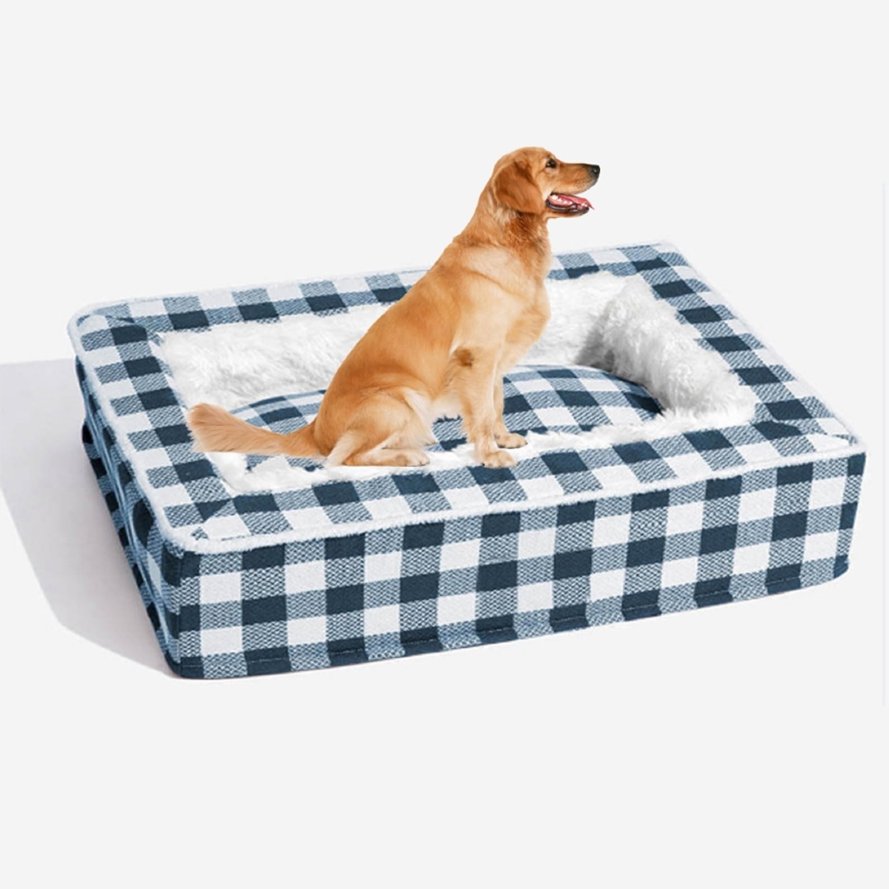 Festive Classic Tartan Cozy Dog Anti-Anxiety Calming Bed, Classic Tartan Pet Bed - Square Dog Beds (Blue, L: 31.5 * 23.62 * 7.87 in)