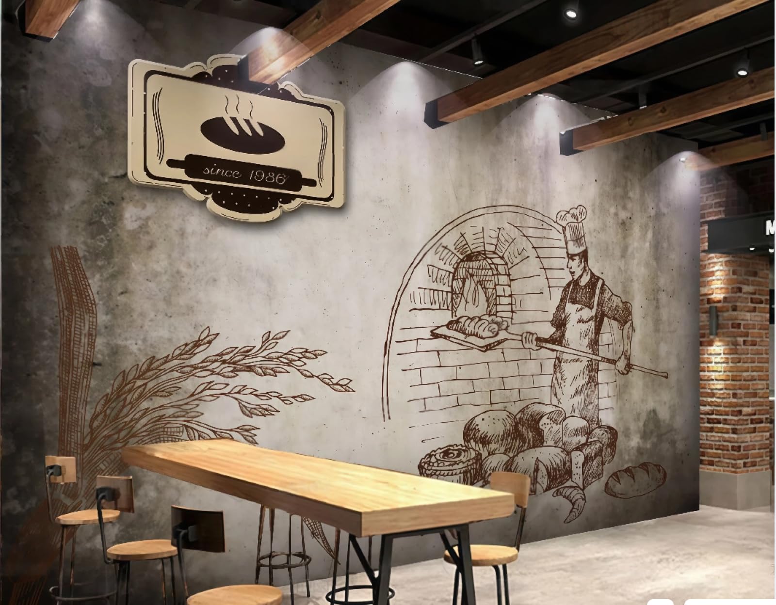 XDOUBAO Wallpaper Fashion Nostalgic Line Drawing Bread Baking Theme Dessert Afternoon Tea Western Restaurant Background Wallpaper Coffee Shop Mural,3D,150x105cm