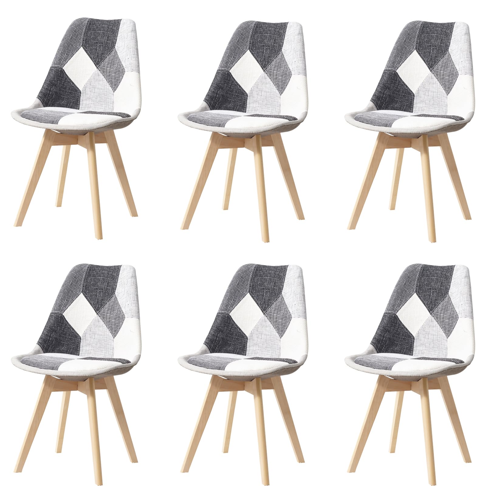 HJhomeheart Set di 6 Sedie da Pranzo in Tessuto Patchwork con Cuscino del Sedile e Gambe in Legno Massello per Sala da Pranzo, Soggiorno, Cucina, ecc. (Grigio Patchwork)
