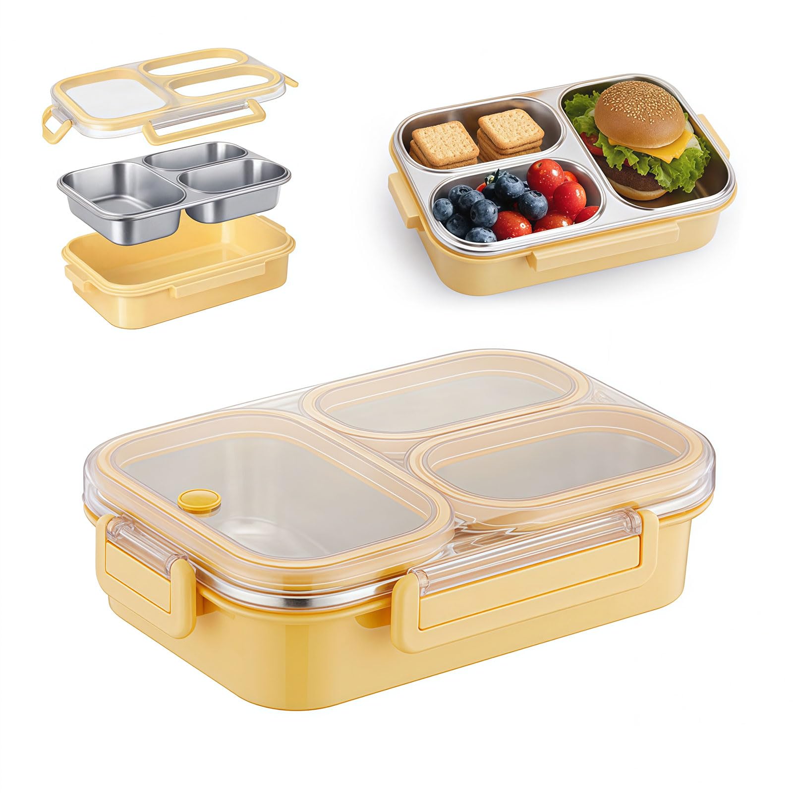 Caja de Almuerzo con Compartimentos, Caja de Acero Inoxidable para Niños & Snackbox con Compartimentos, Bento Box 3 Compartimentos, Caja de Snack de Acero Inoxidable a Prueba de Fugas para