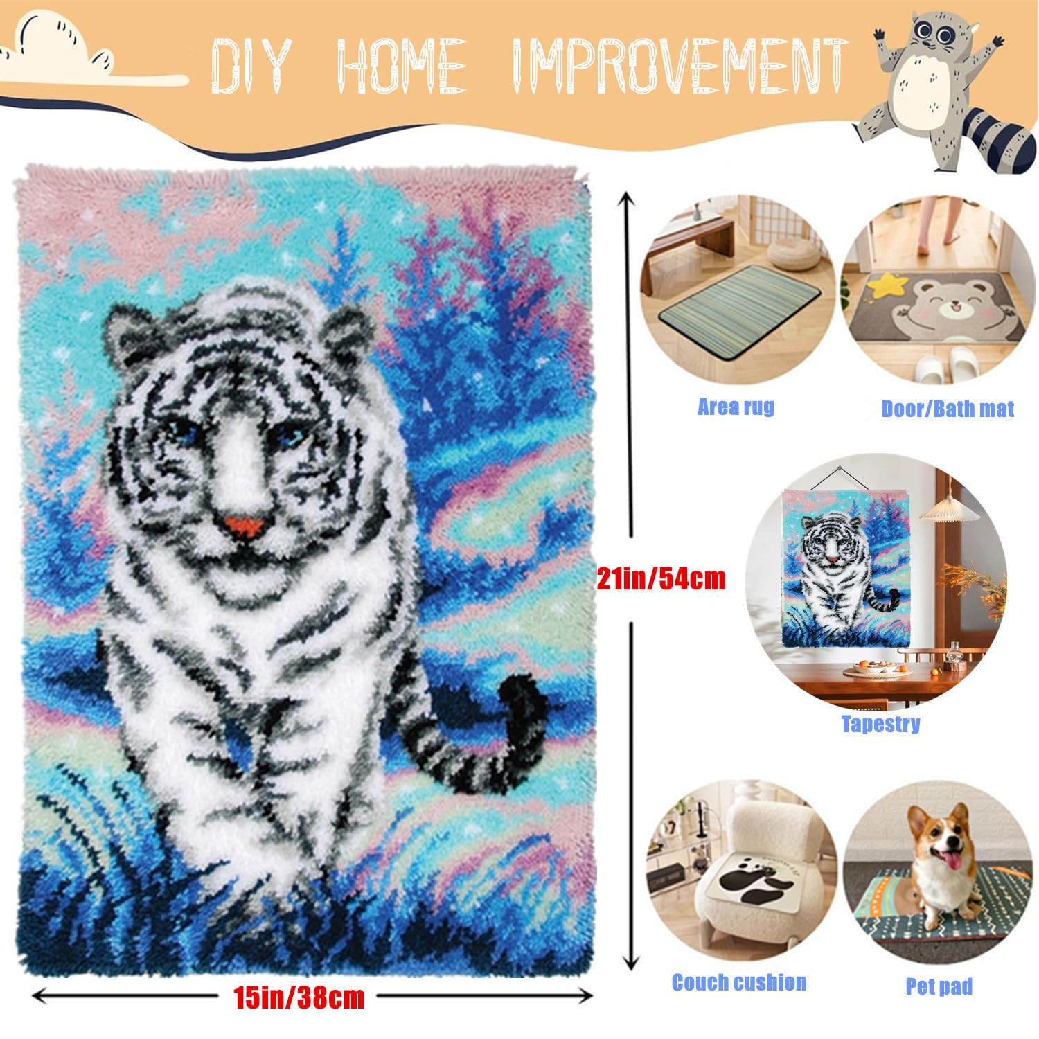 EMISTEM Kit di ganci per adulti, kit fai da te per bambini, kit all'uncinetto per principianti, kit per la realizzazione di tappeti con tela stampata, confezione regalo (tigre bianca che cammina sulla
